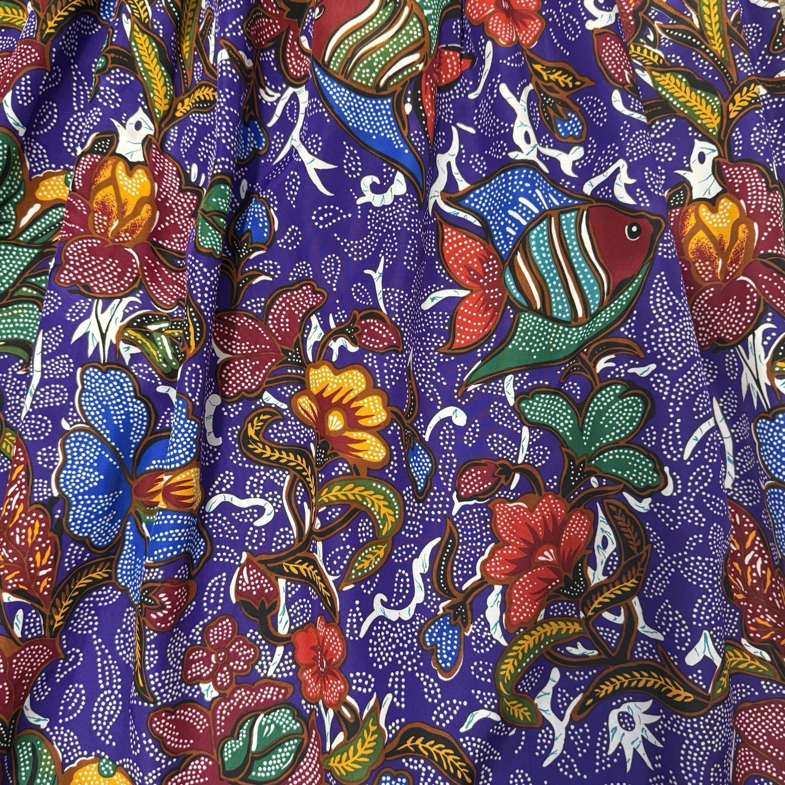 Vintage Avon Fashions Purple Tropical Fish Floral Batik Midi Skirt Sz 11/12 USA
