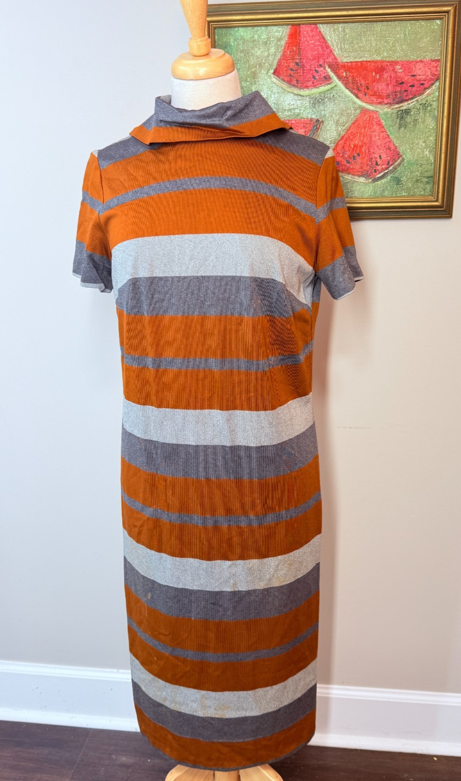Vintage 60s Nancy Greer NY Mod Geometric Midi Dress S/M Union Striped