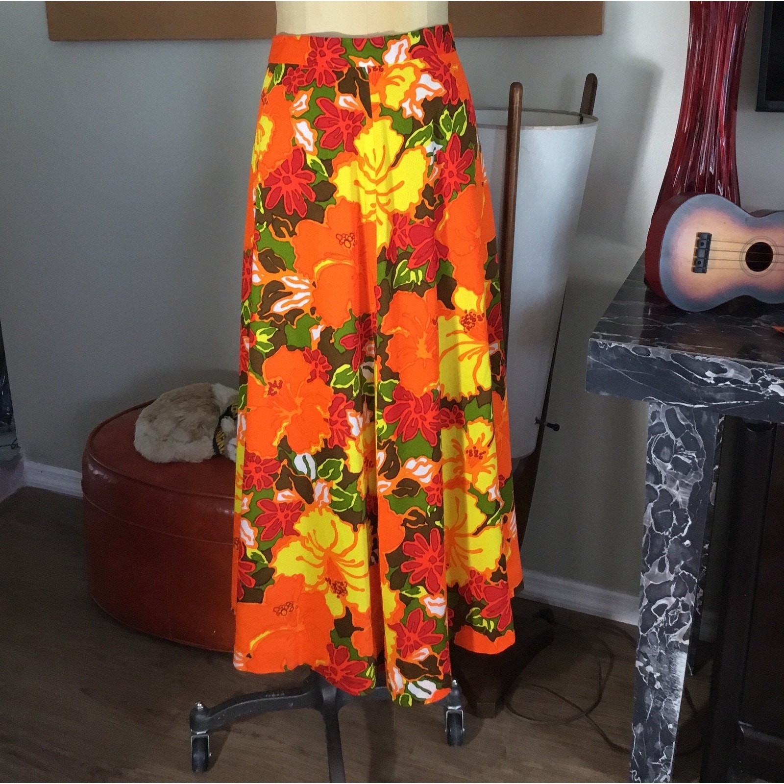 Vintage 1960s Mid Century Hawaiian Barkcloth Skirt Floral Orange Yellow Maxi Mod