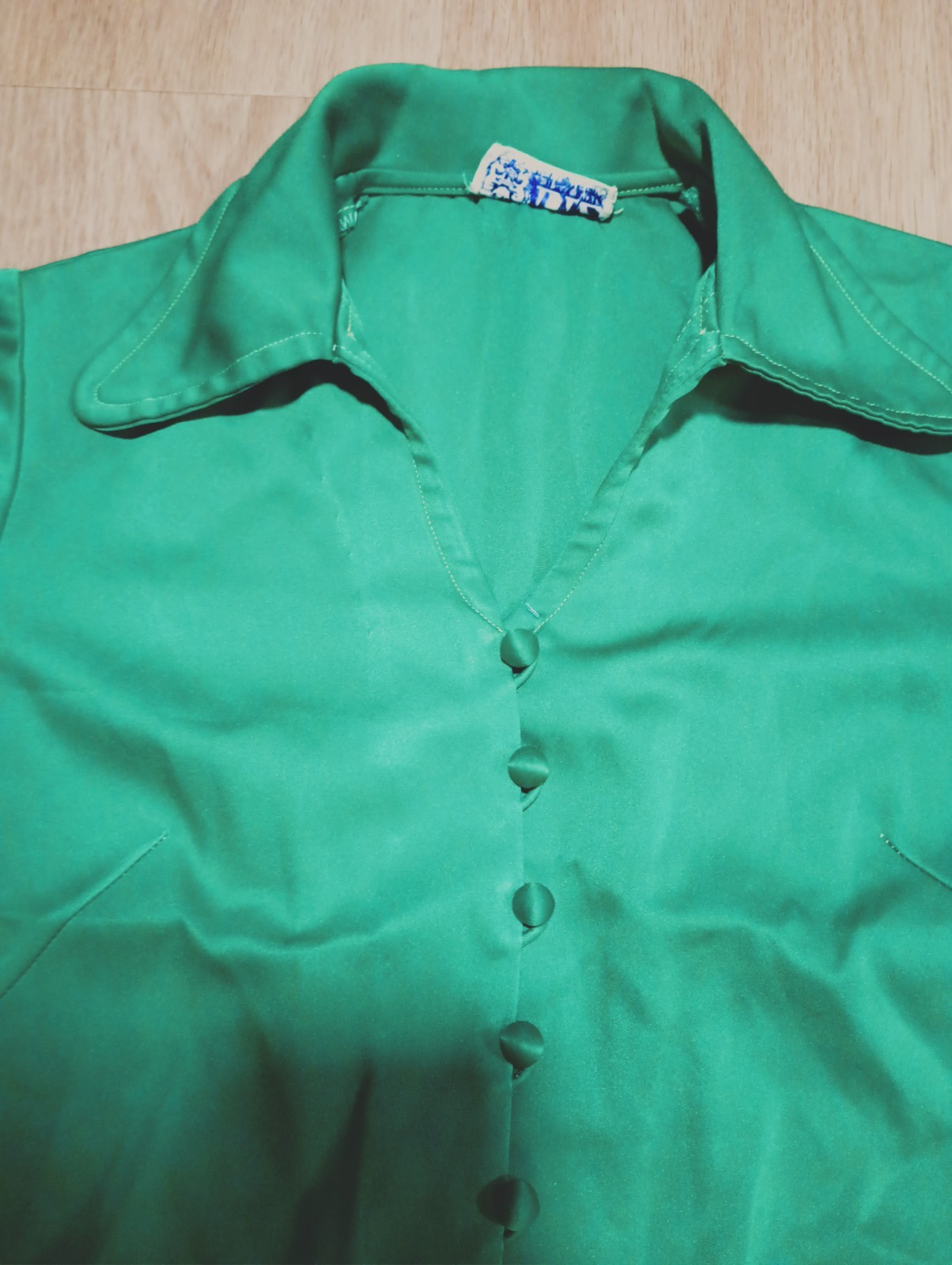 Vtg 60s LIZ Kelly Green Fitted Blouse Button Down Top MOD Career Business S