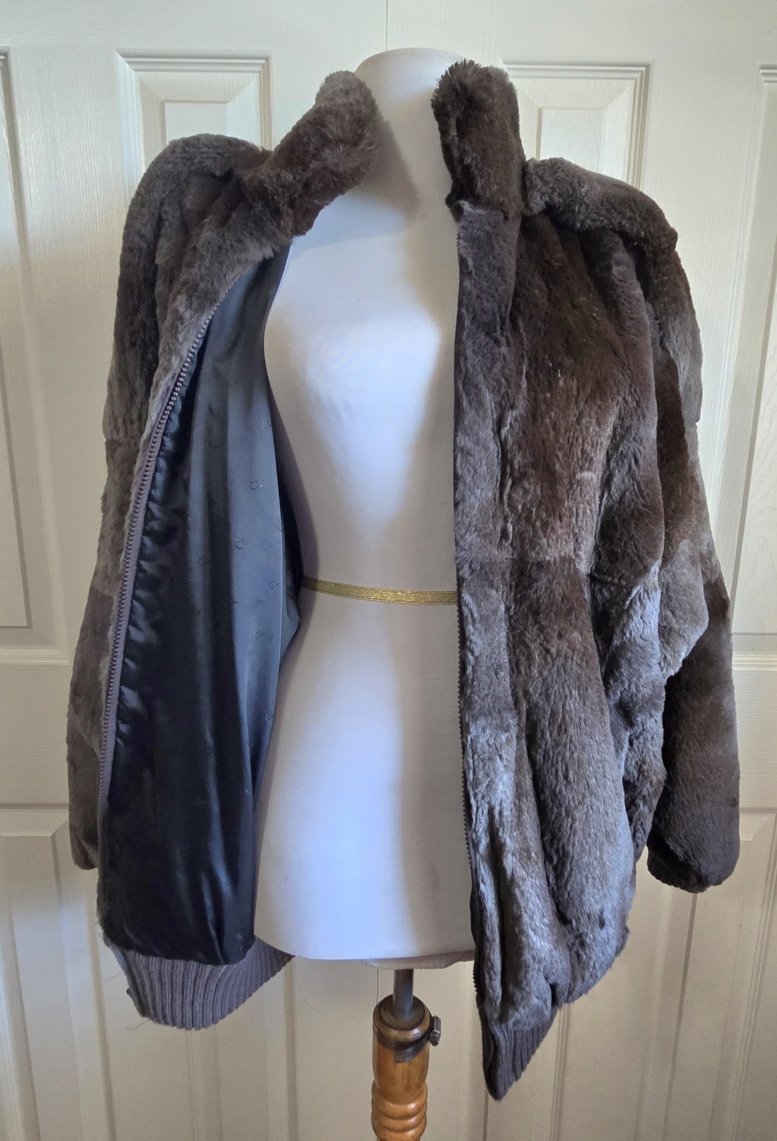 1980s CAROLE LITTLE Gray And Brown Patchwork Rabbit Fur Bomber Jacket Sz Large