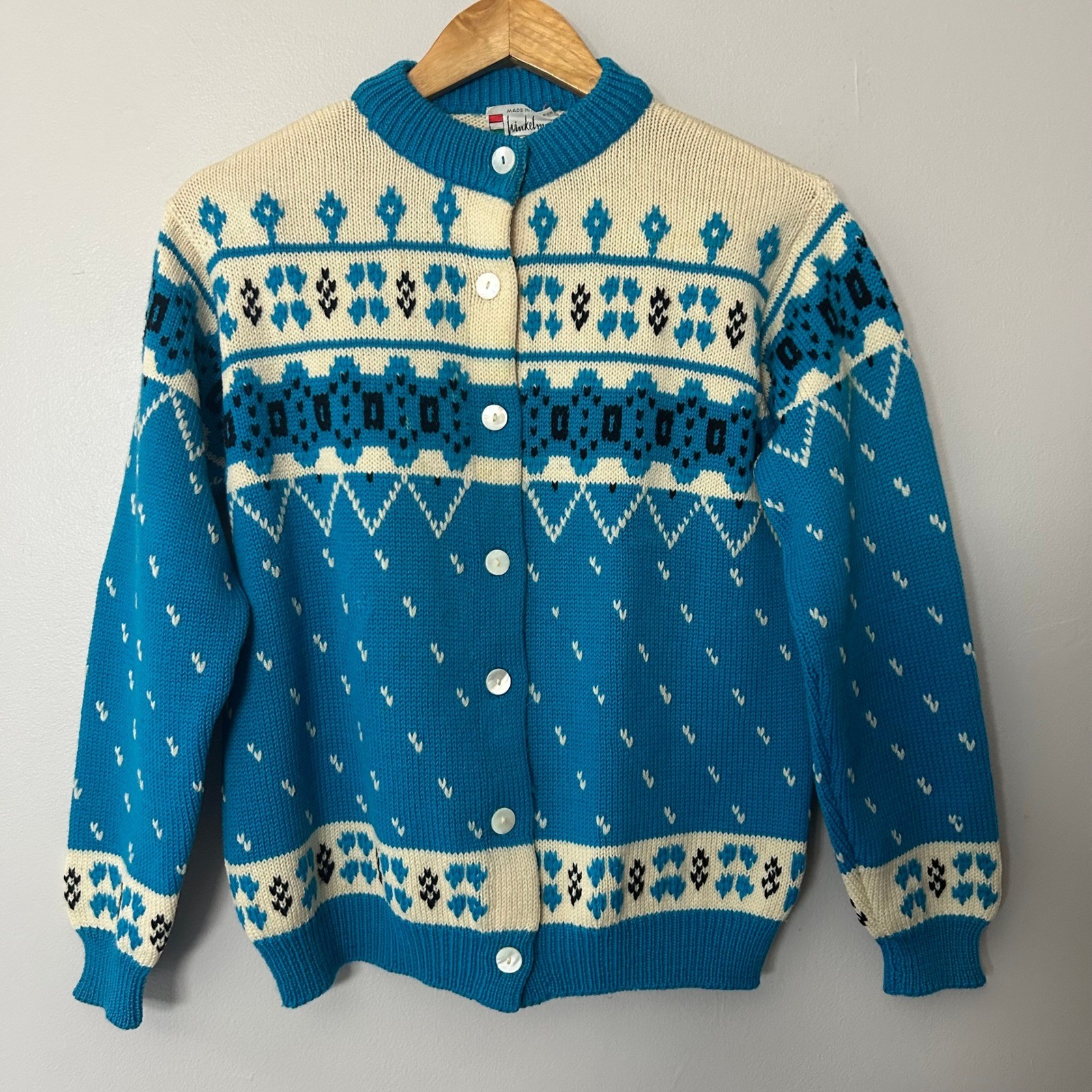 Winkelmans Vintage Sweater Cardigan Fair Isle Blue White 38 Virgin Wool Italy