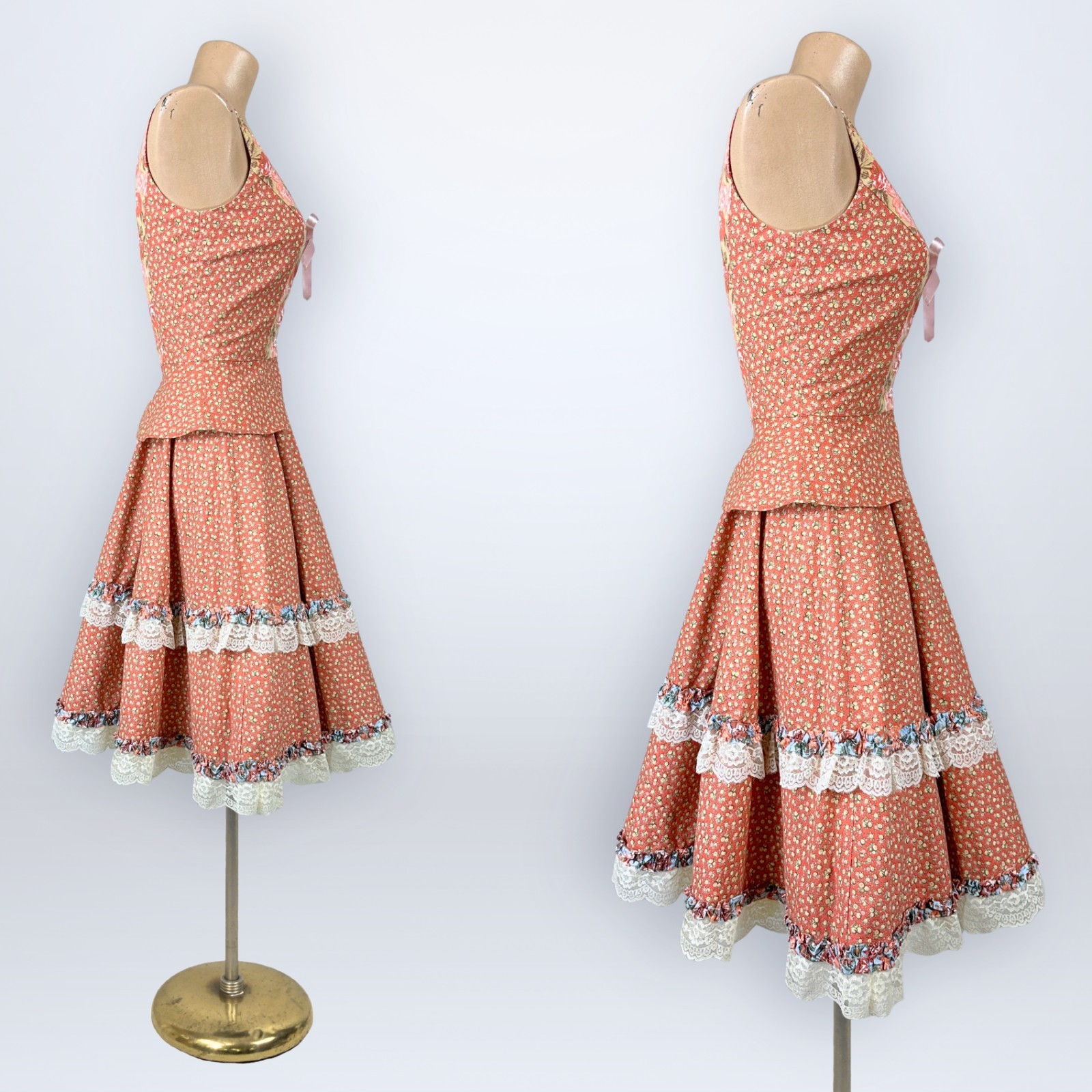 Rare Vintage 1970s Homespun Ltd Two-Piece Corset Top Skirt Set Prairie Calico