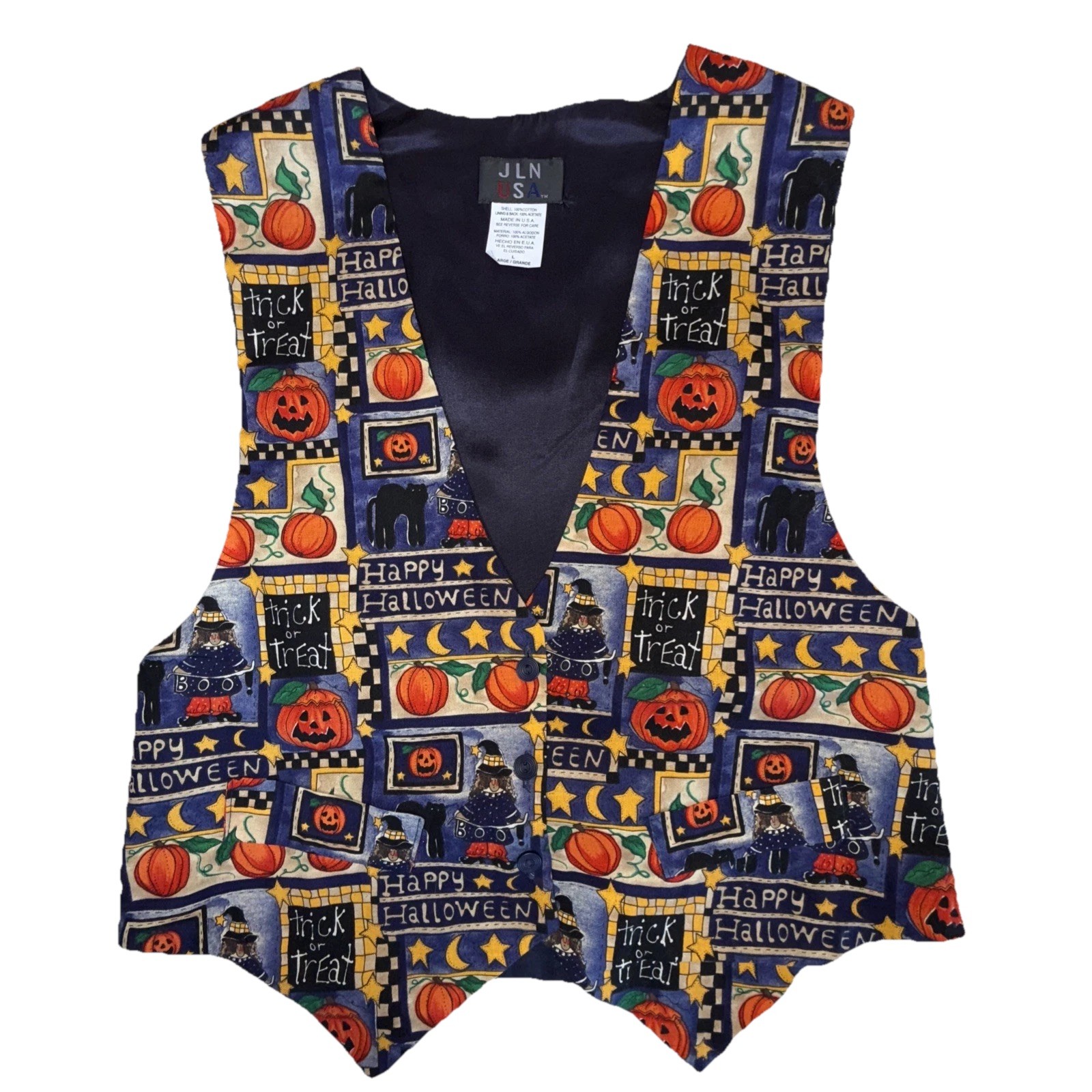 Vintage JLN USA Halloween Vest 90s Pumpkin Jack O Lantern Witch Cat Womens Large
