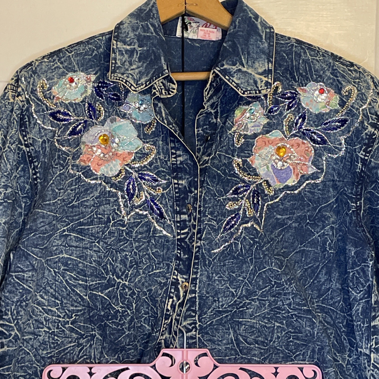 Vintage Acid Wash Denim Outfit Intricate Beaded Floral Embroidery 80s 90s Large