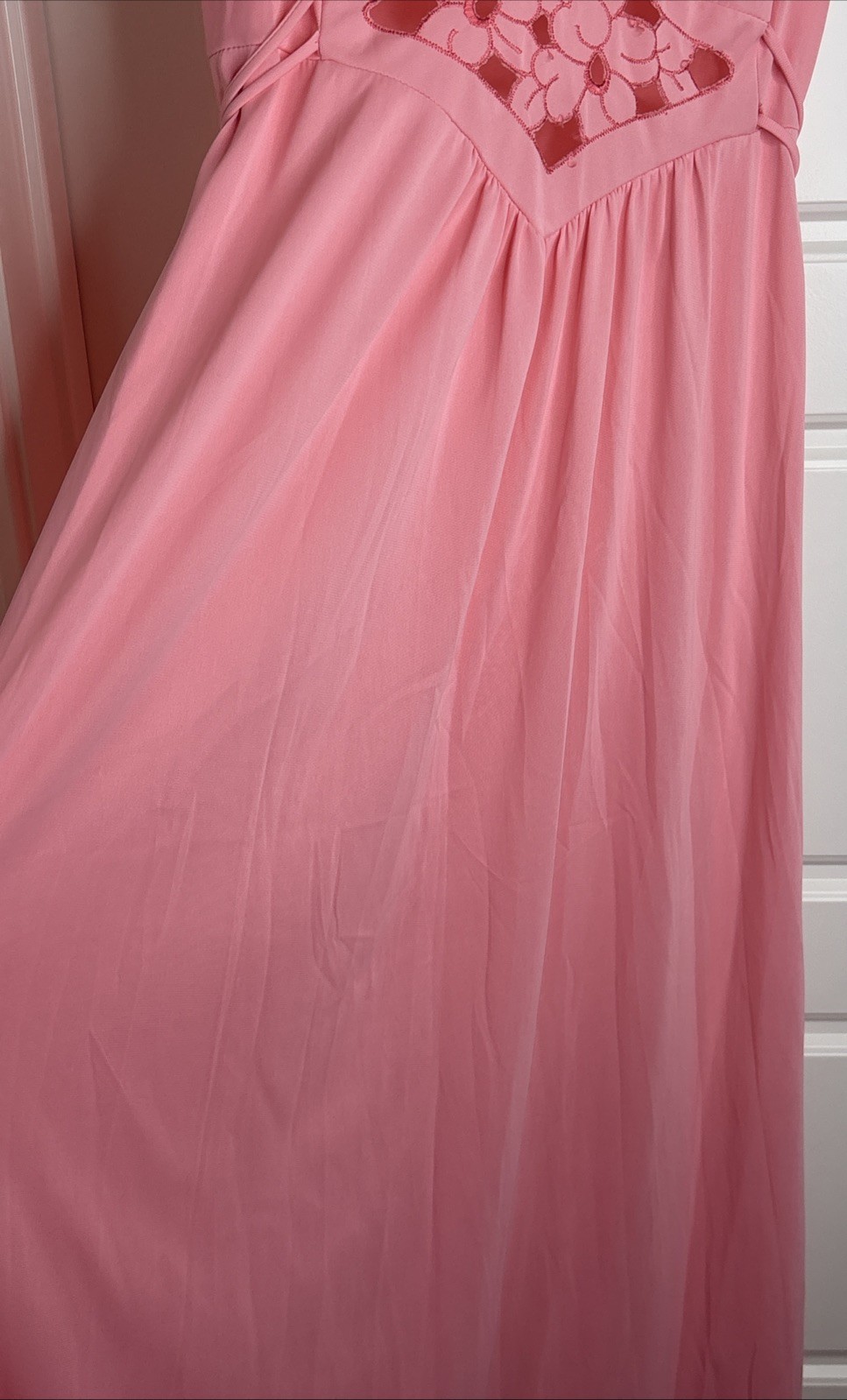 Vintage Avian Nylon Maxi Nightgown, Embroidered Cut Out, Pink, V Neck, Size S