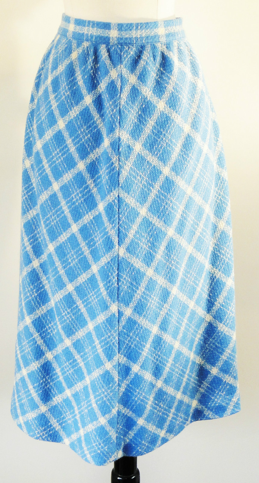 Vintage Aqua Blue and Cream Diamond Pattern Woven A-Line Midi Skirt Size Large