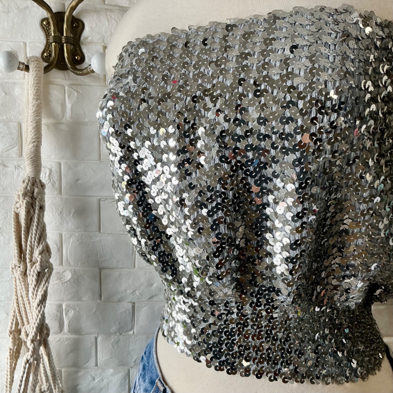 Vintage 1970s Disco Metallic Silver Sequin Tube Top