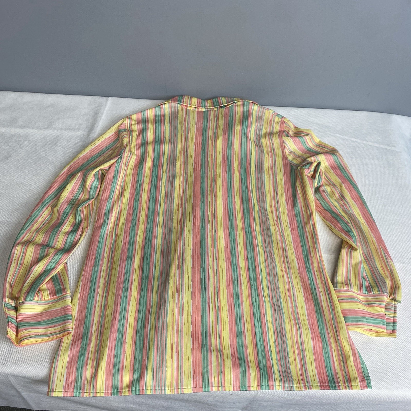 Vintage 70s Center Stage Button Down Shirt Women Medium Yellow Stripe Disco Flaw