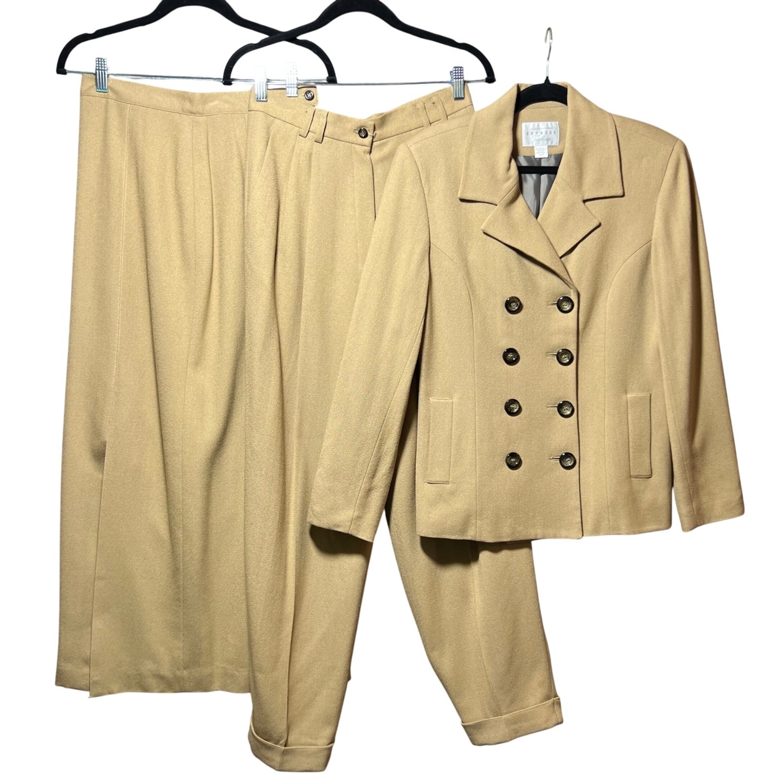 Vintage 90s 3 Piece Suit Set 9/10 Camel Tan Wool Blend Blazer Pant Skirt Lined