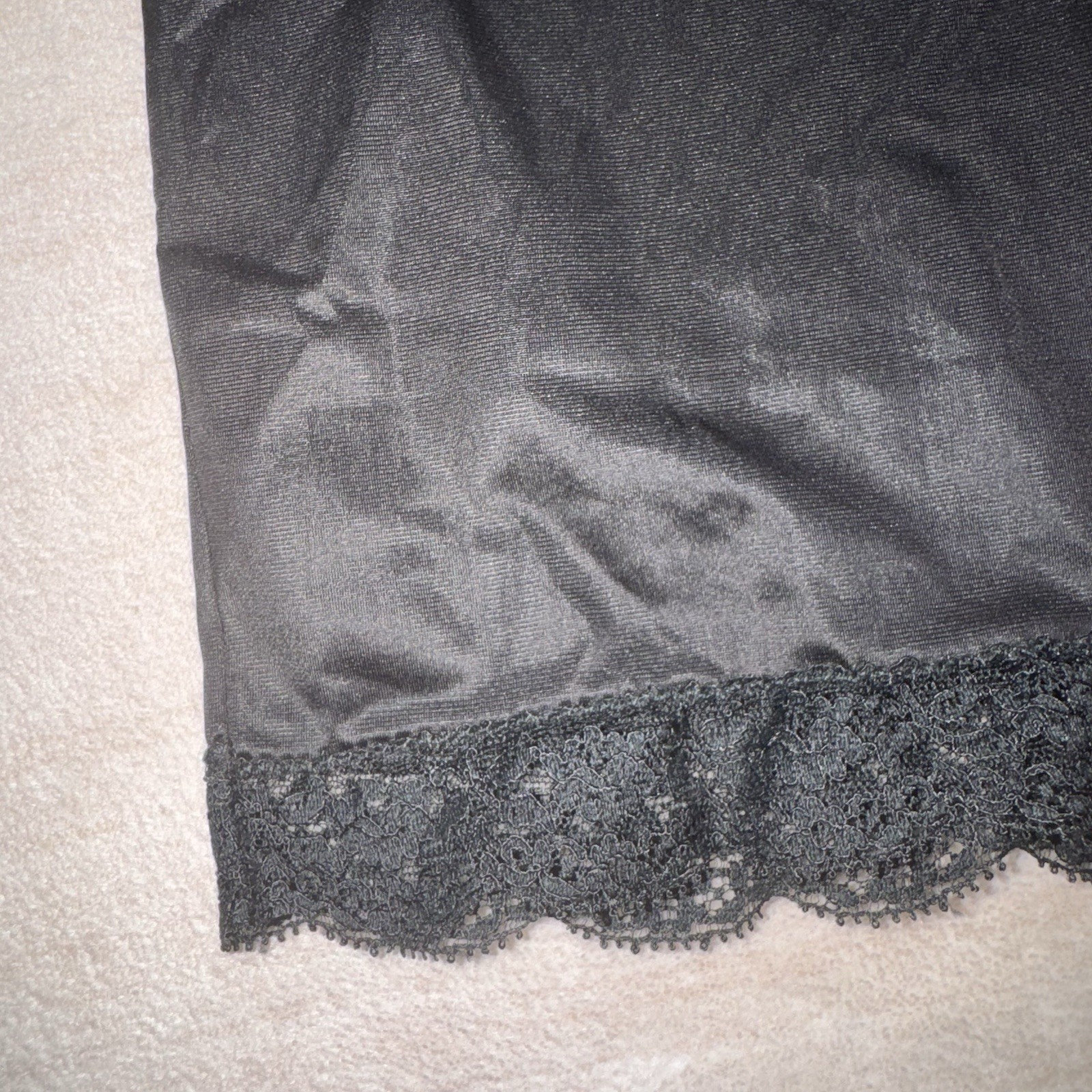 Vintage Velrose Black Maxi Slip Medium 36” Nylon Lace Trim Elastic Waist USA