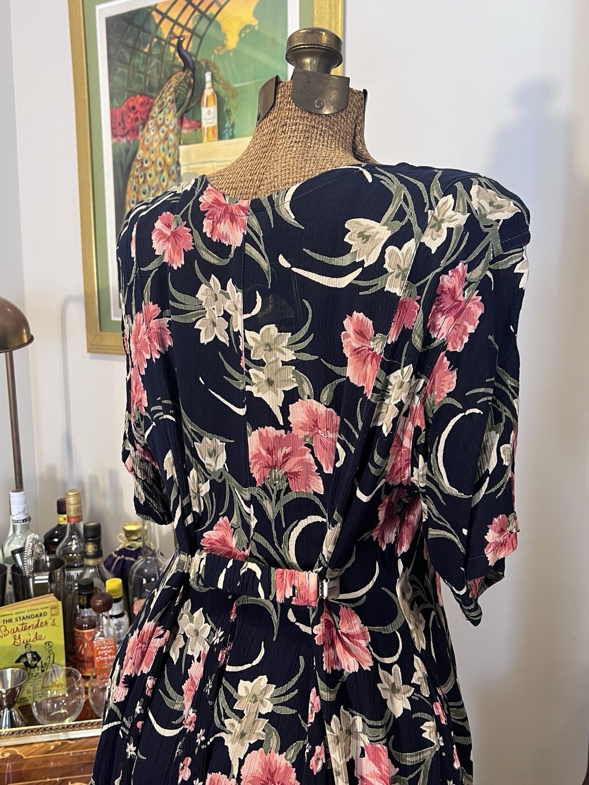Vintage 80s Starina Navy and Pink Floral Maxi Godet Dress