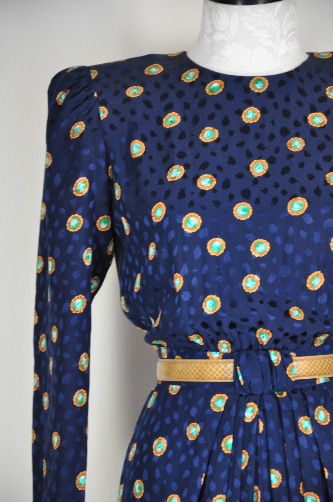 80s Vintage Navy Blue Silk Gemstone Print Puff Sleeve Back Buttons Dress Women S