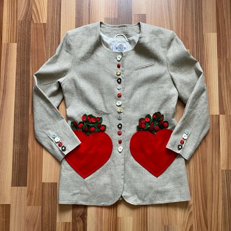 1980s Vintage Linen Blazer Novelty Bavarian Folk Trachten Jacket Retro EU 40