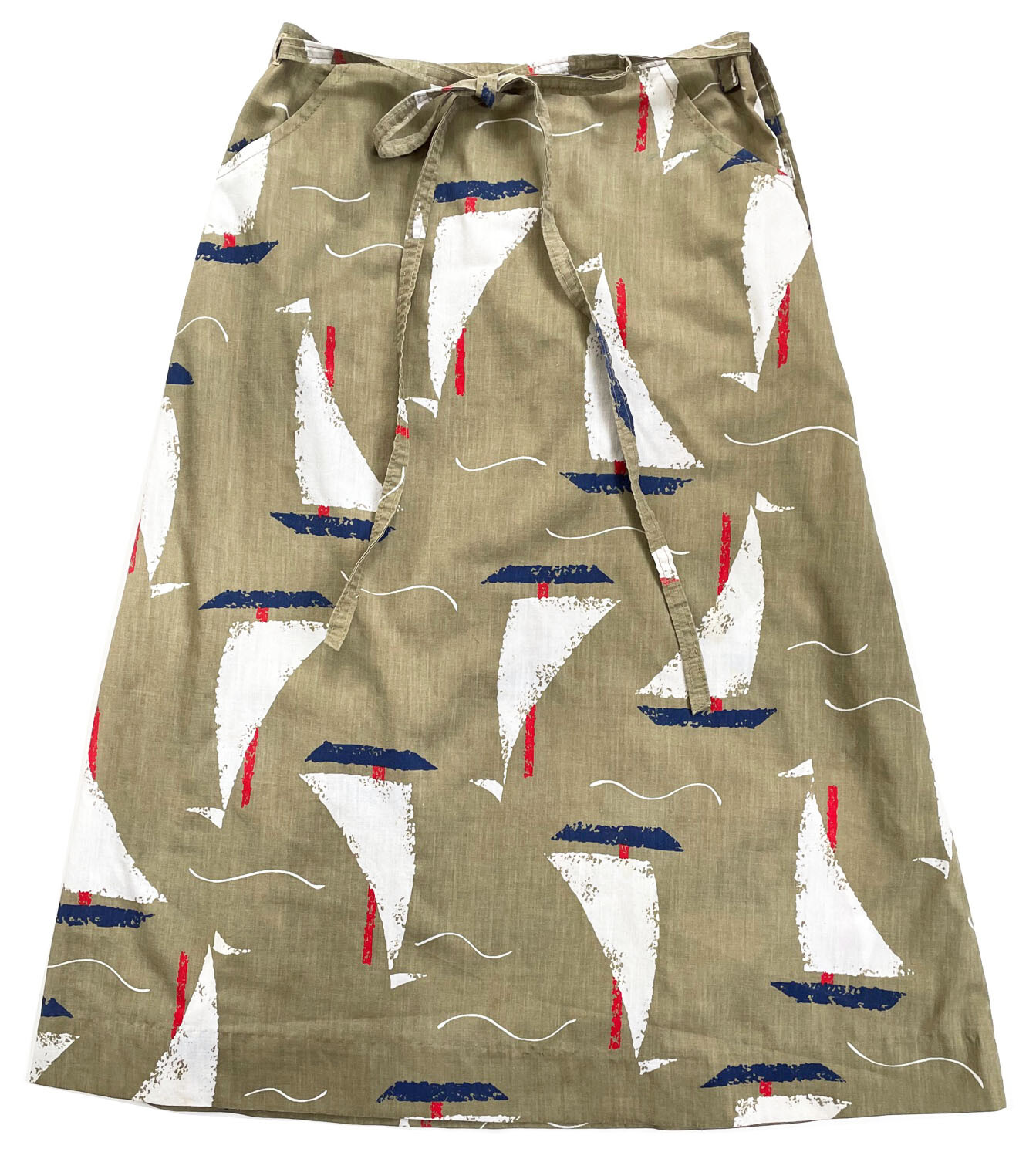 Vintage 70s Wrap Skirt Sailboat Print Tan Red White Blue Size 14 G/T BOSTON