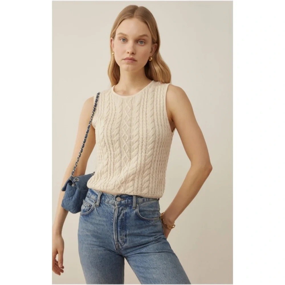Reformation Ginetta Linen Blend Novelty Sweater Tank Cream XS Old Money Coastal