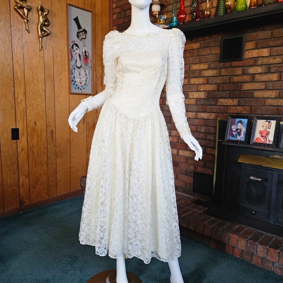 Vtg 80s Victorian Lace Alfred Angelo Illusion White Wedding Puff Dress Gown S