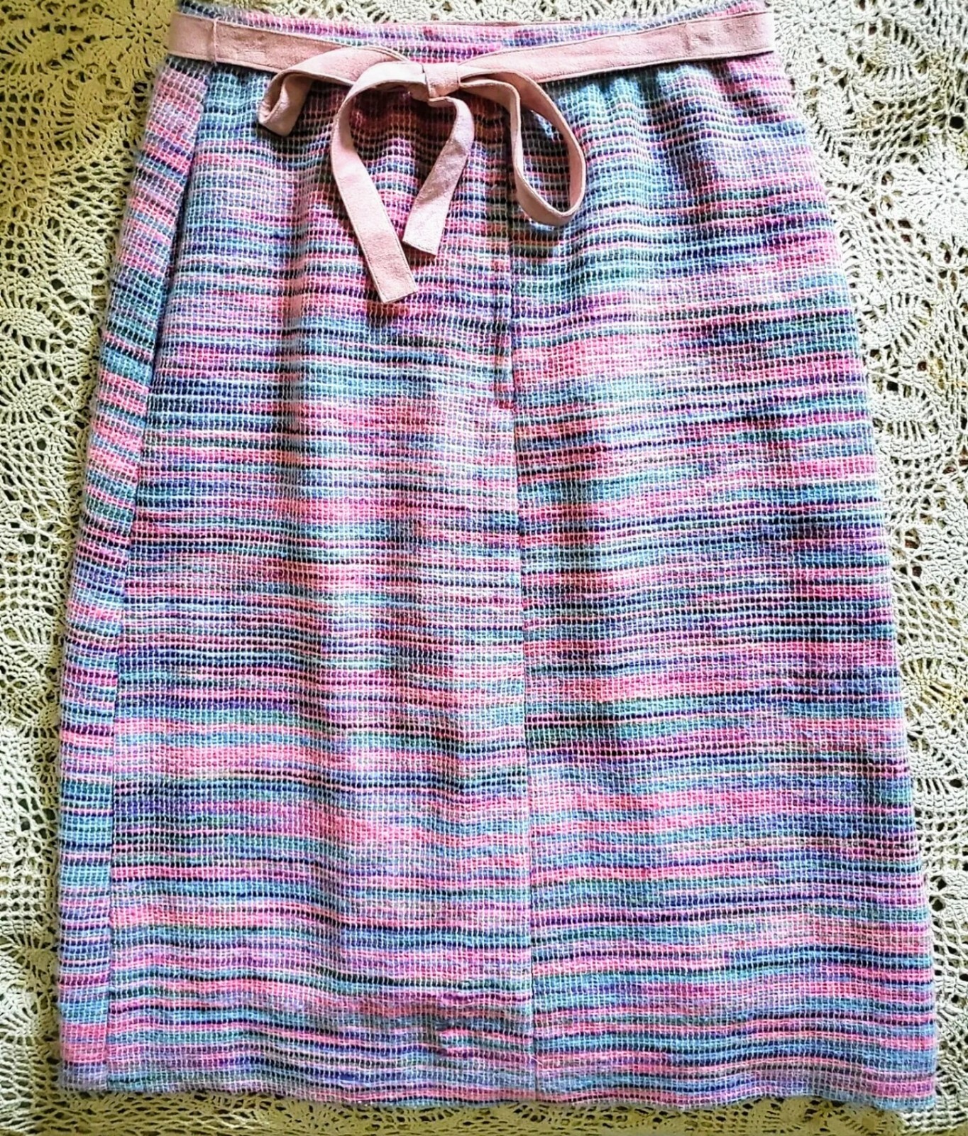 VTG 70s Striped Woven Pastels Midi Skirt w/Ultra Suede Rose Belt S