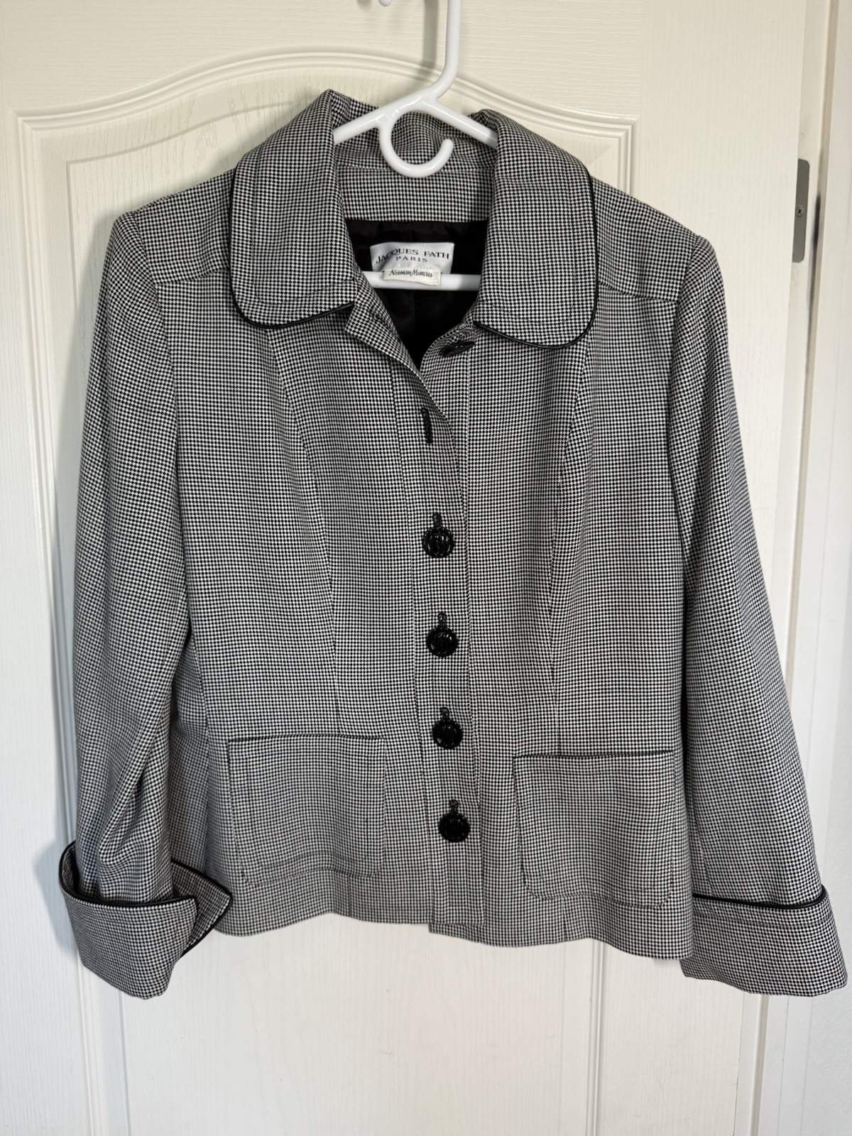 VTG Jacques Fath Paris Neiman Marcus Houndstooth Blazer Jacket Medium 90s Suit