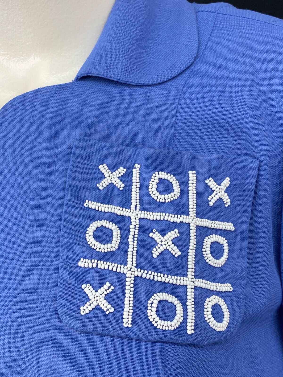 Vintage 1940s tic-tac-toe dress, blue beaded novelty print Xs Os XXL plus size