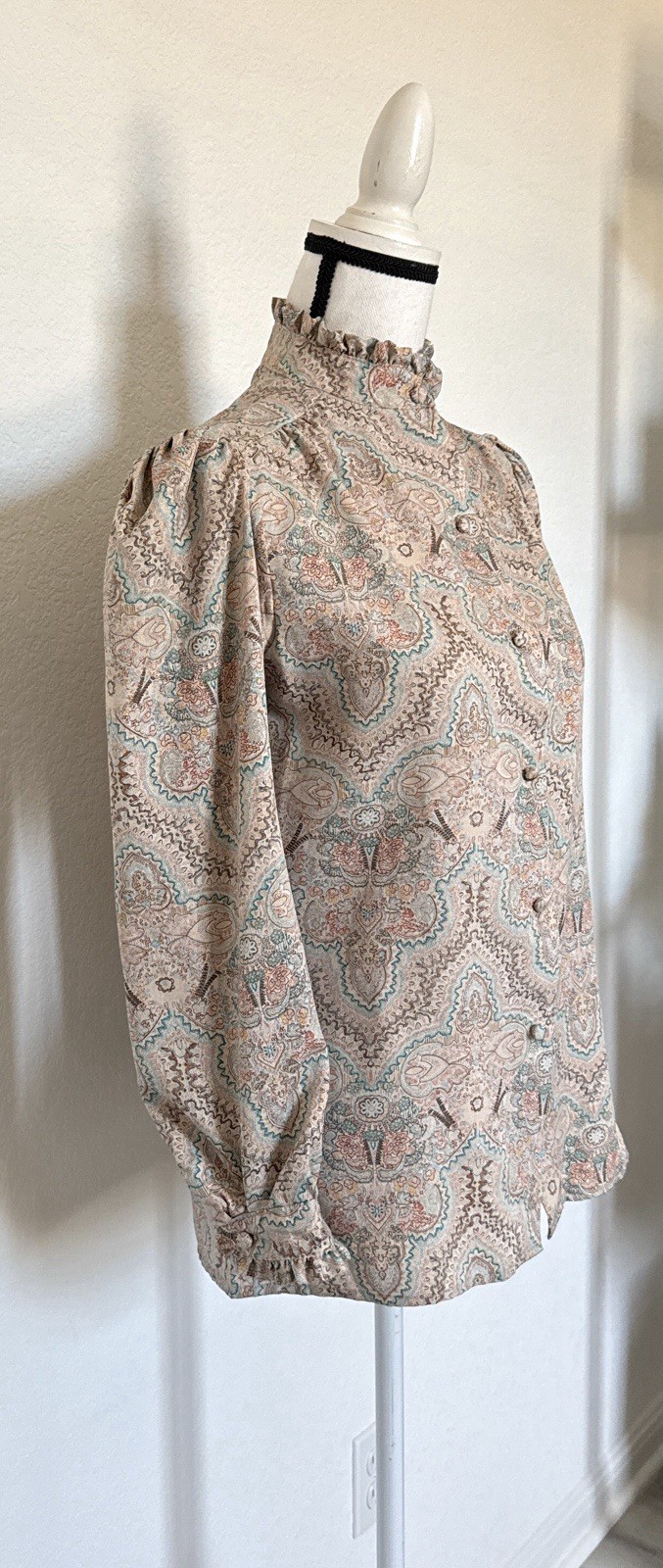 1970s 1980s Silky High Neck Ruffle Collar and Cuff Blouse