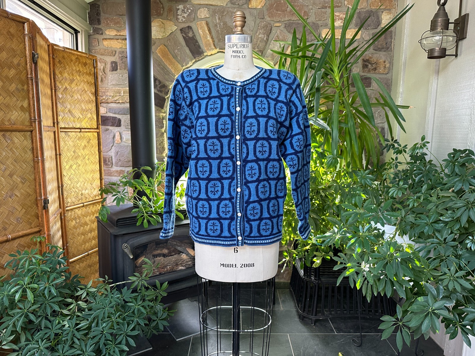 Vintage 1980s 2 Tone Blue Wool Cardigan Sweater with Shoulder Pads J Christopher