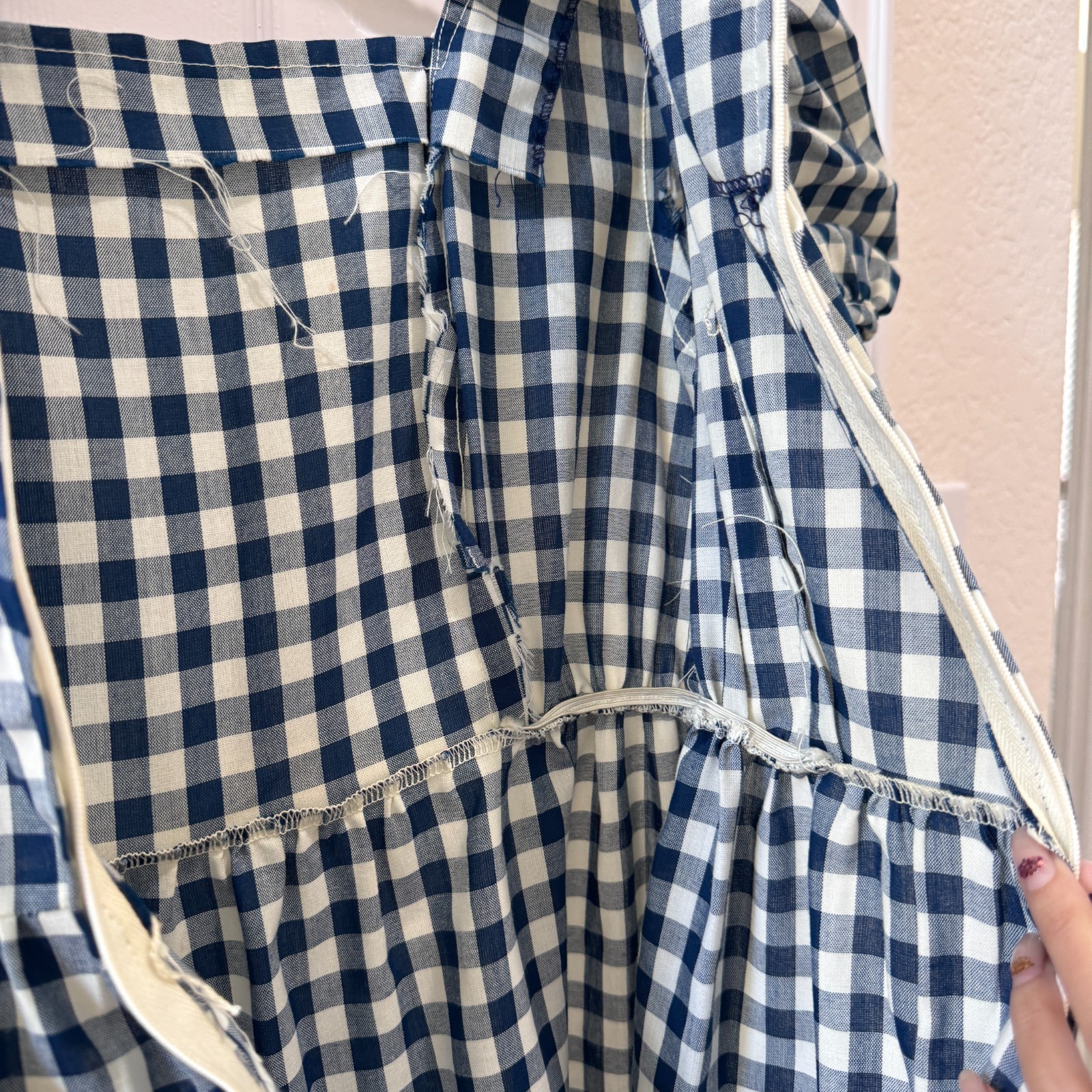 Vintage Handmade Blue White Gingham Prairie Maxi Dress Puff Sleeve XS 70s Style