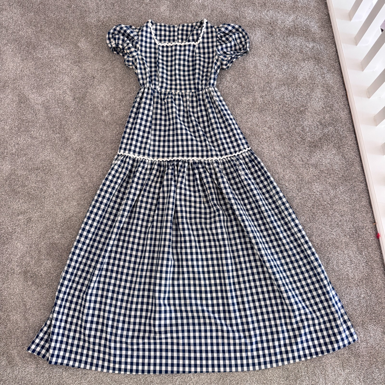 Vintage Handmade Blue White Gingham Prairie Maxi Dress Puff Sleeve XS 70s Style