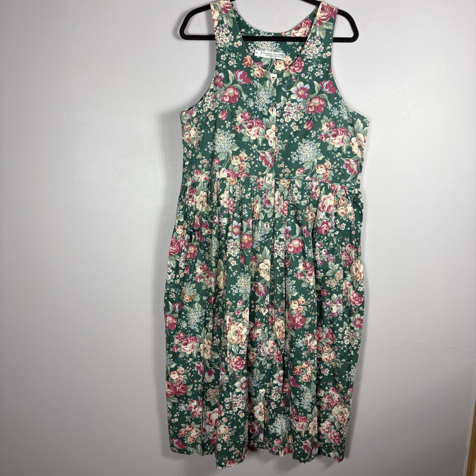 Dogwood Lane Large Green Pink Floral Ceramic Buttons Pinafore Maxi Dress VTG 90s