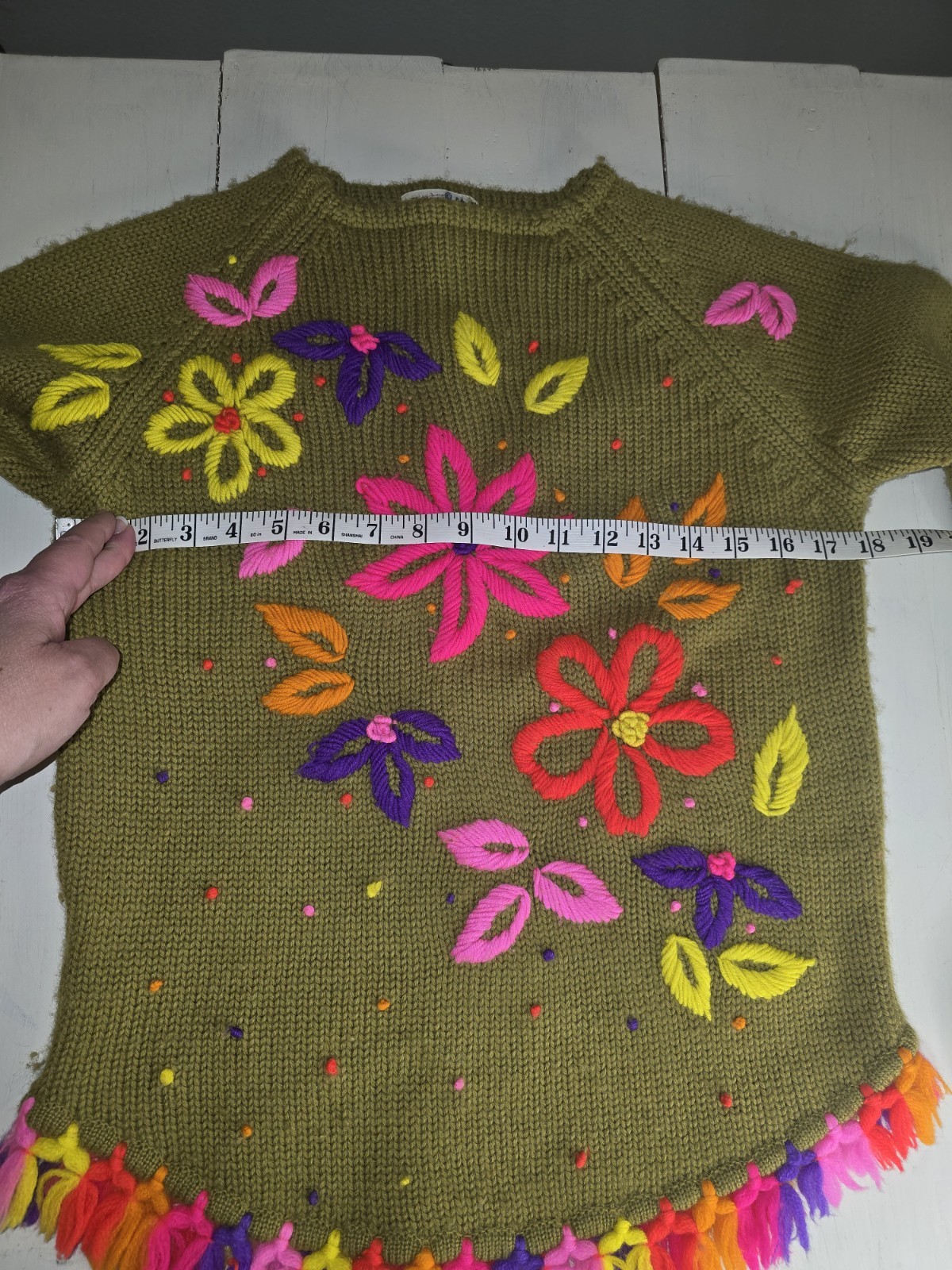 Vintage Phil Rose Pantsweater Floral Green 100% Wool Fringe