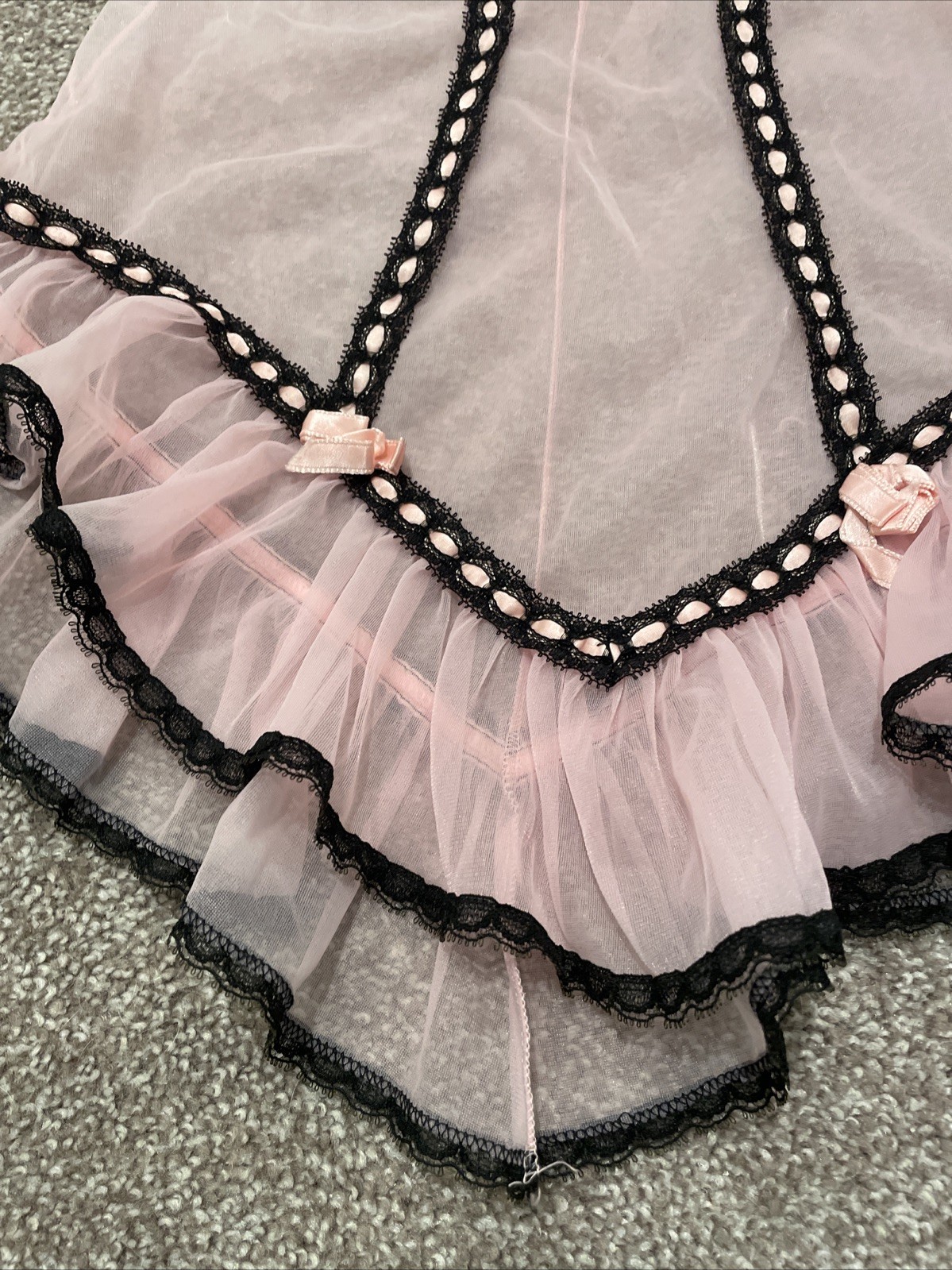 Vintage 1950s Glydons Chiffon Skirted Slip Teddy Pink Black Small Ruffle Pin Up