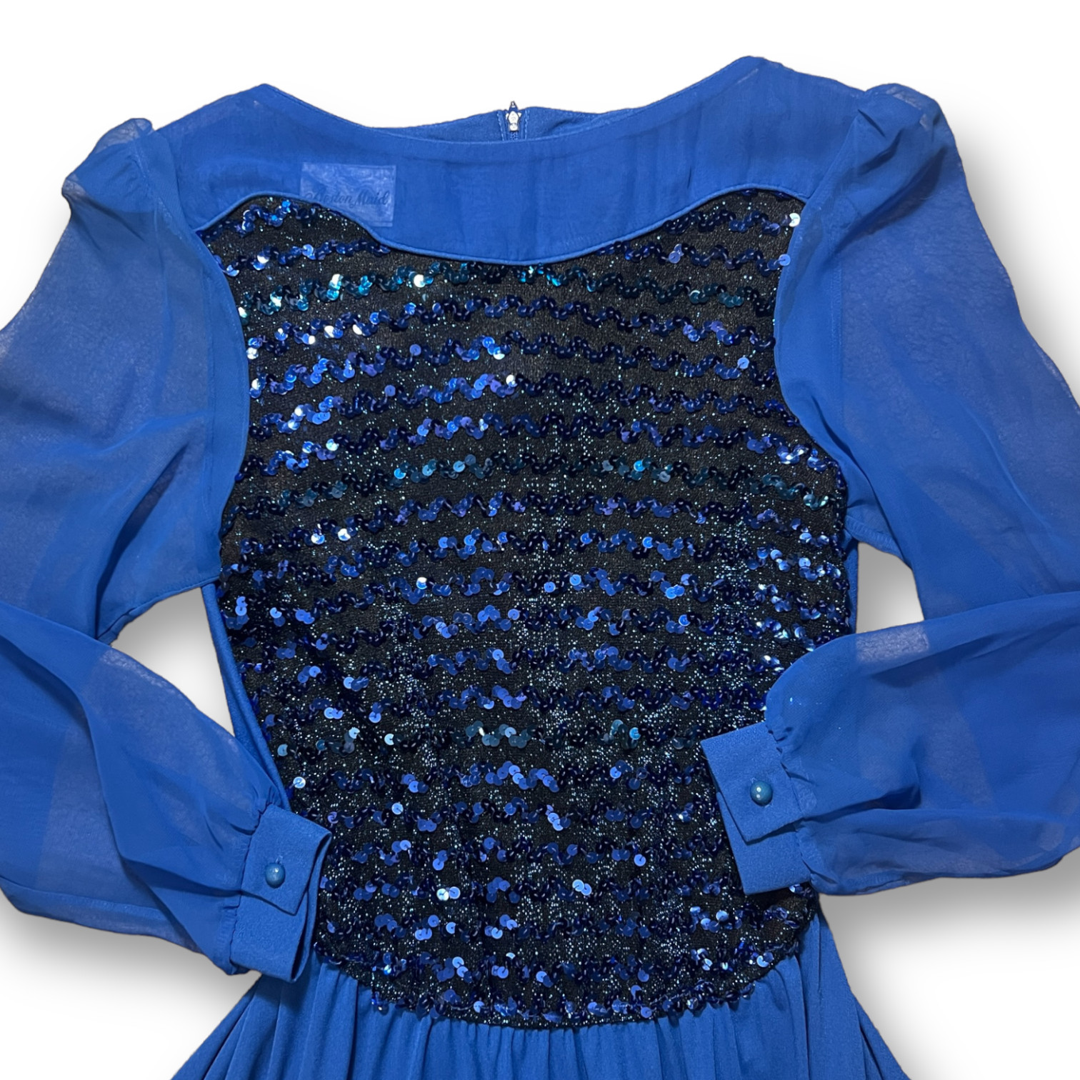 Gauzy Puff Sleeve Zig Zag Sequin Vintage 70s Dress Knee Length Fairy Boston Maid
