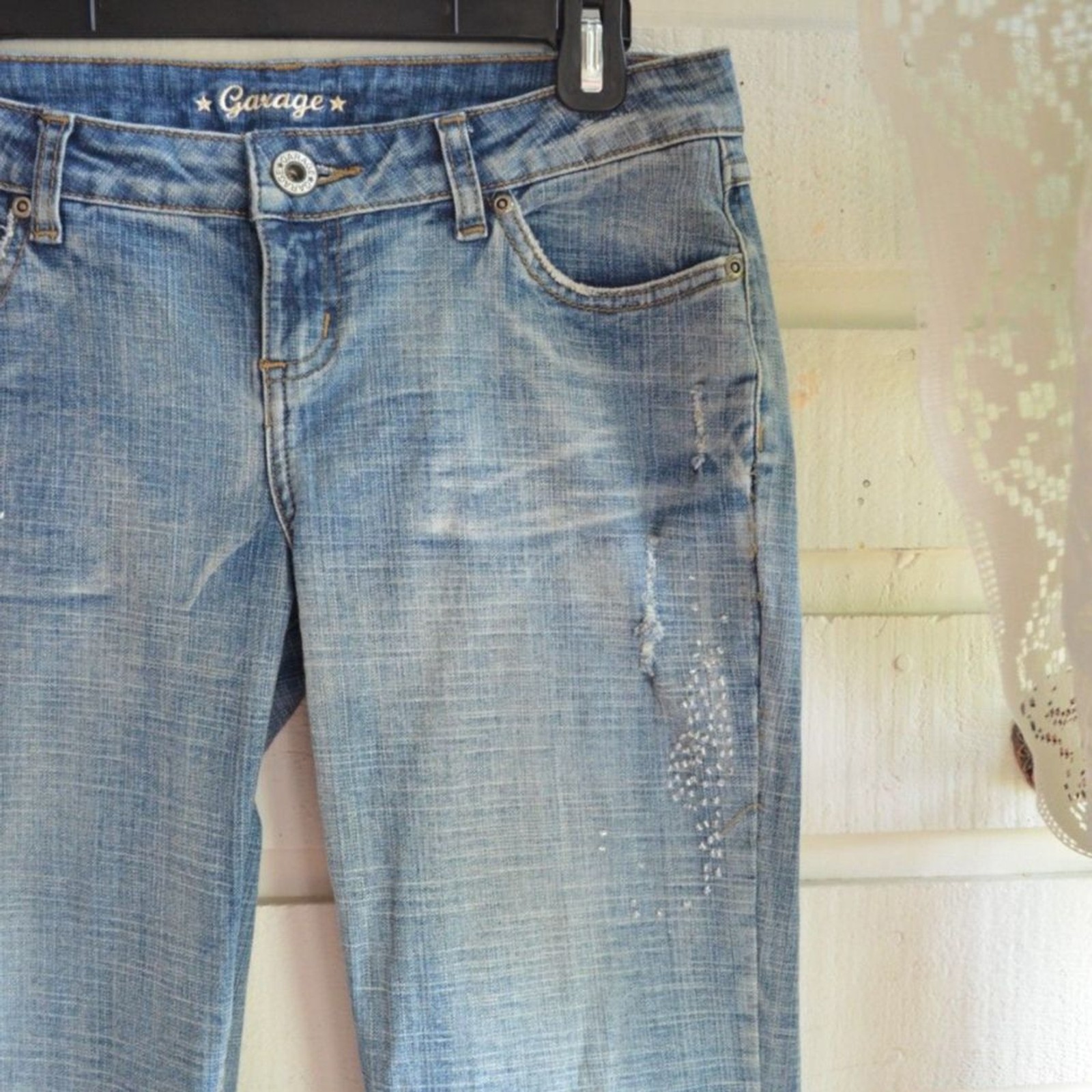 Garage Y2K Beaded Distressed Low Rise Flare Jeans G pocket Detail – 29