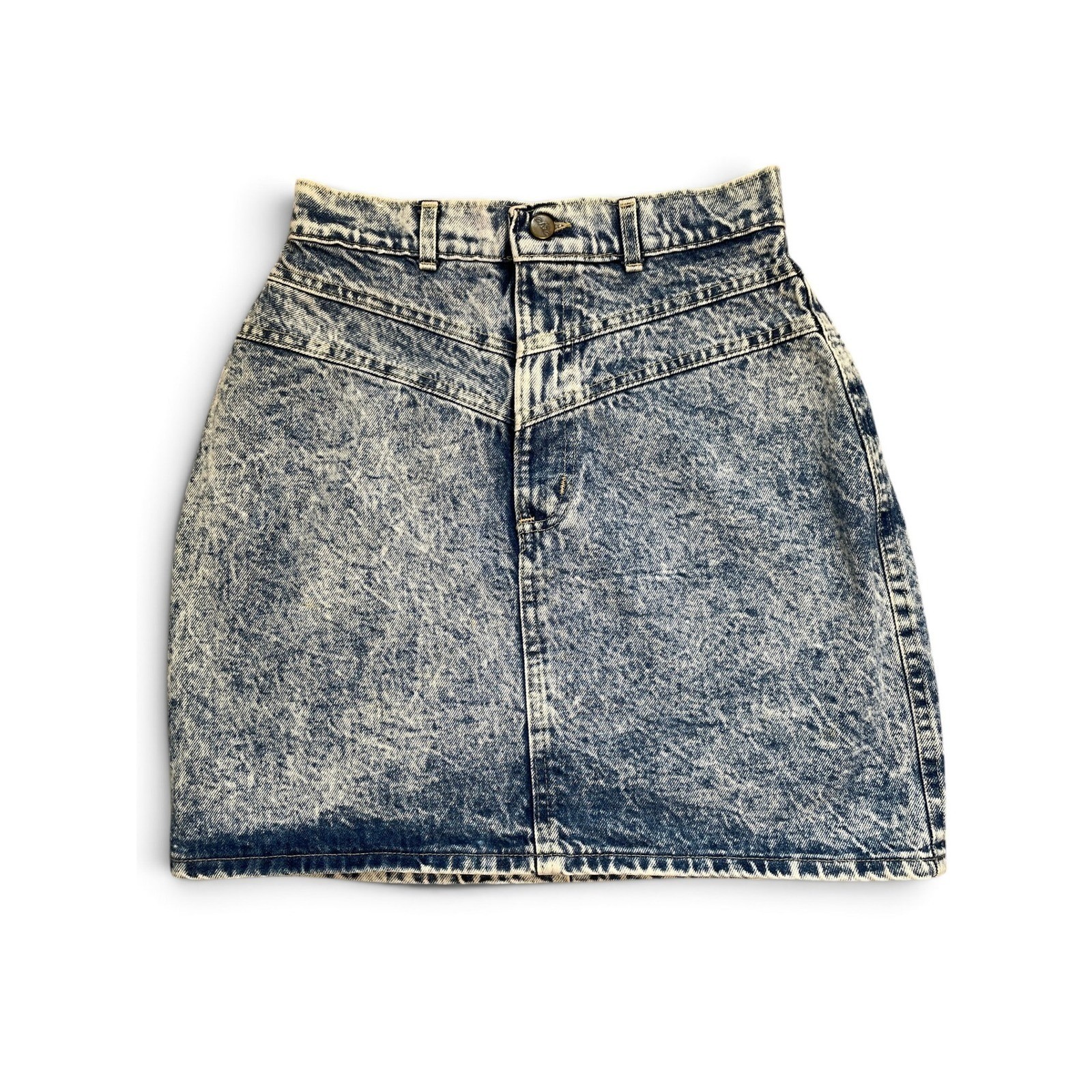 Vtg 80s Chic by HIS Acid Wash Denim Mini Skirt High Waist Jean Made in USA W26