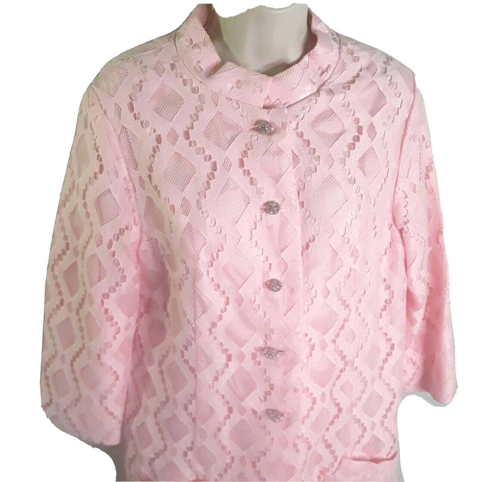 Pink Lace DresS Coat Long Duster Womens Size S Vtg 60s mandarin collar