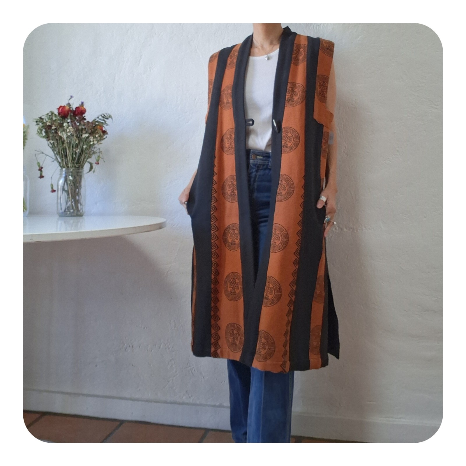 Vintage Ganesh Nepal Quilted Long Vest Duster Tibetan Boho Ethnic Print M