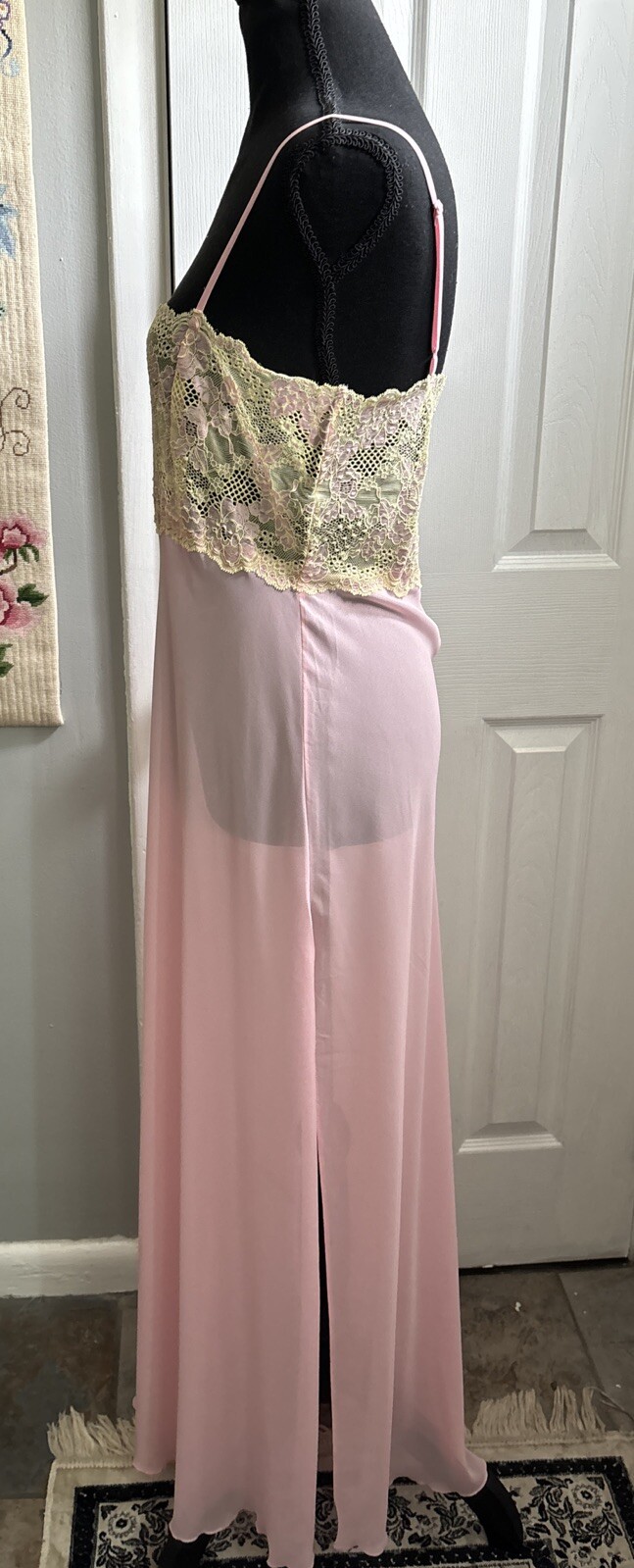 Vntg SLIP DRESS LINGERIE Pink CHIFFON Yellow LACE NIGHT GOWN VICTORIAS SECRET