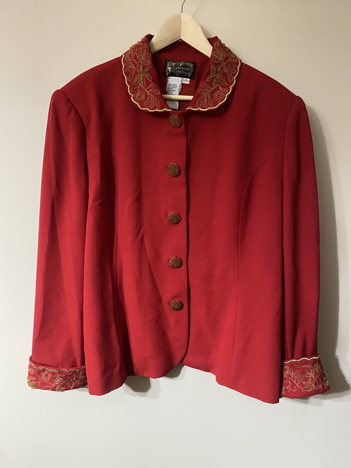 Vintage Champagne Red Gold Beaded Scalloped Peter Pan Collar Jacket 22 Christmas