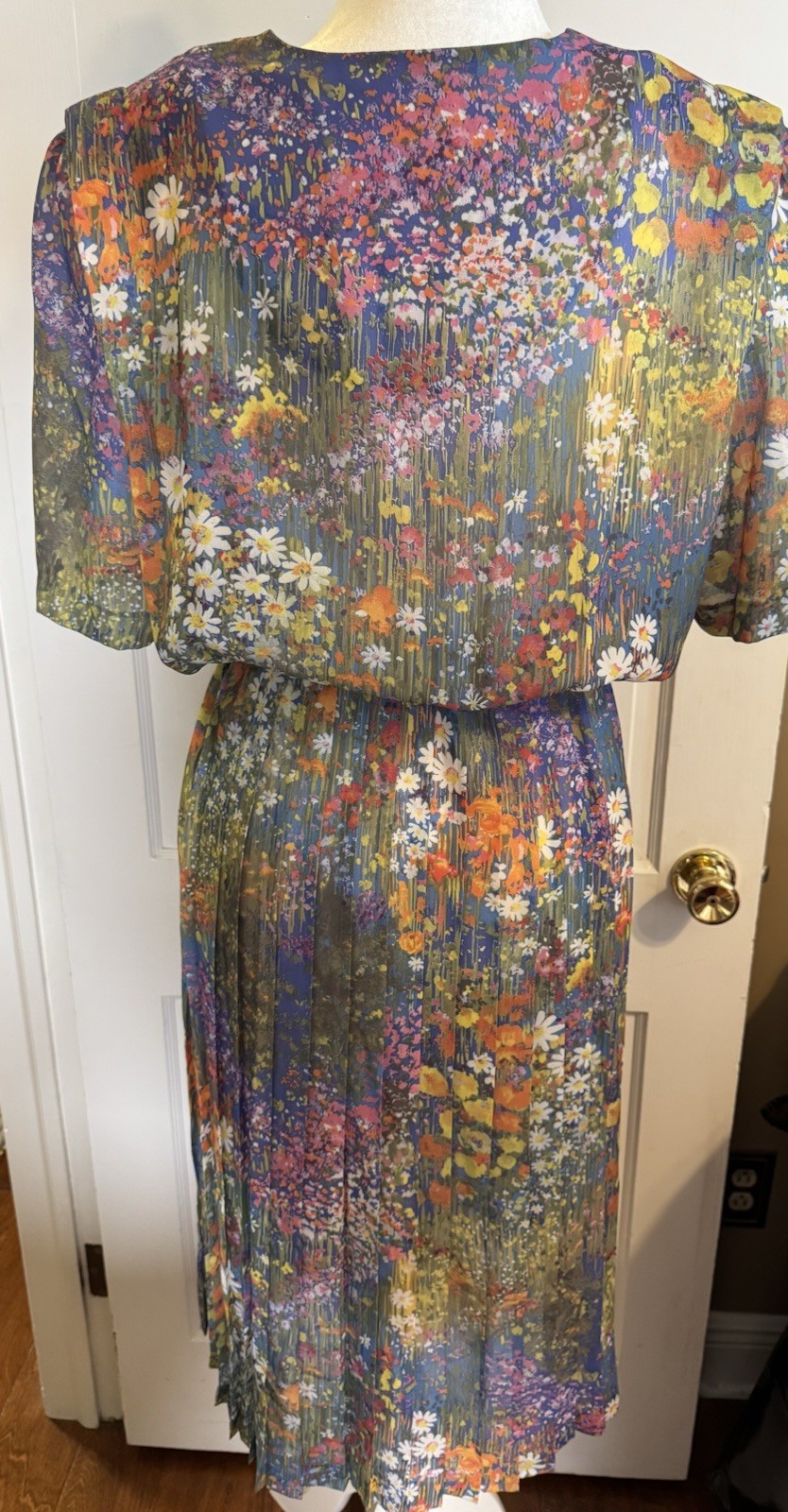 VINTAGE Lady Carol 70’s Watercolor Floral DRESS Sz 18 Shoulder Pads Pleated