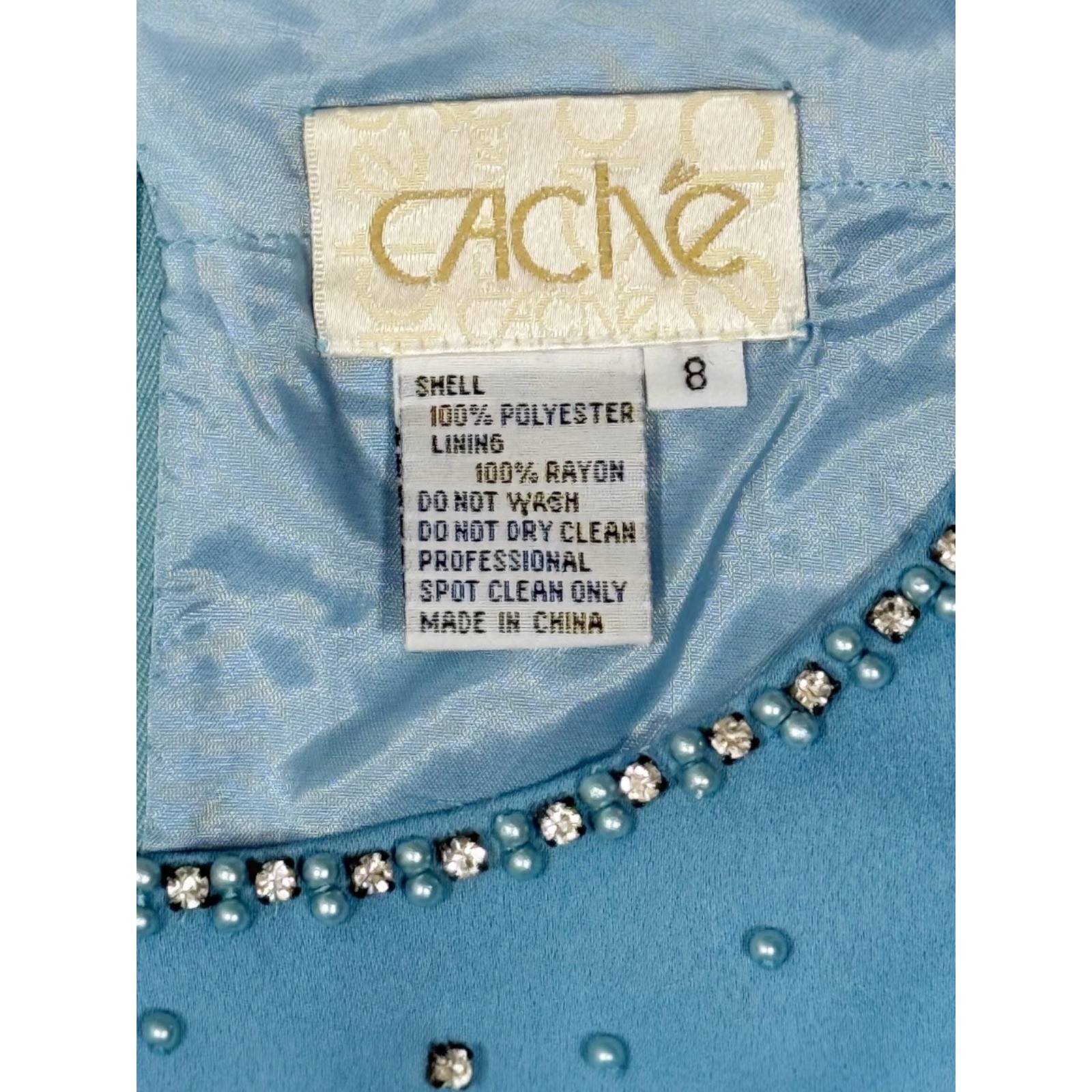 Vintage Cache Blue Beaded Pearl Rhinestone Crop Top Evening Sleeveless Size 8