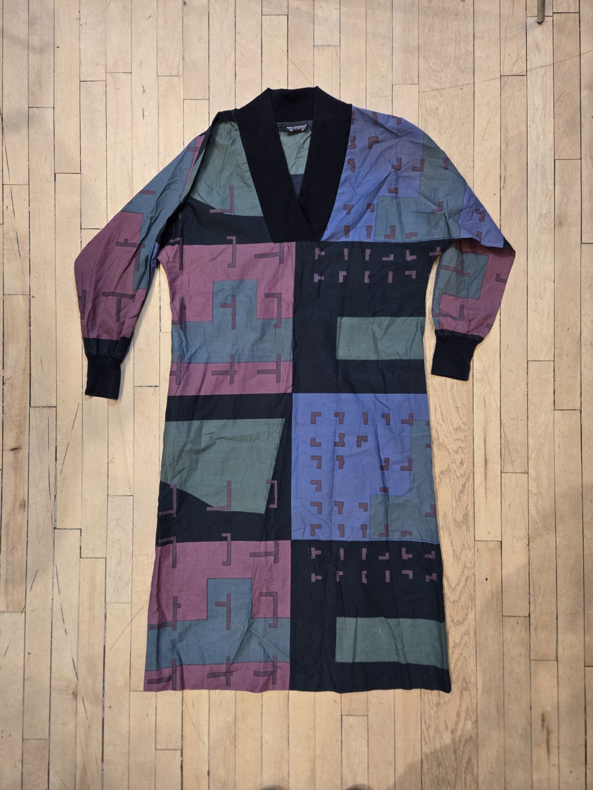 Vrg 1980s MARIMEKKO Purple Black Blue Cotton Geometric Long Sleeve Kaftan Dress