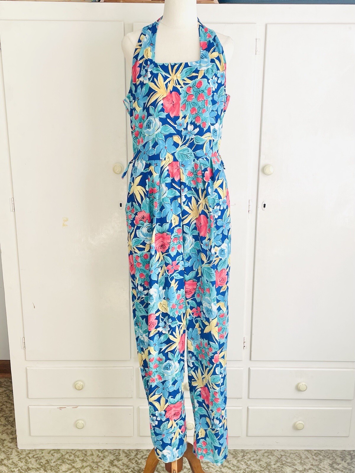 Vintage 90s Incognito Womens Jumpsuit Pantsuit Blue Floral Sleeveless Size M/L