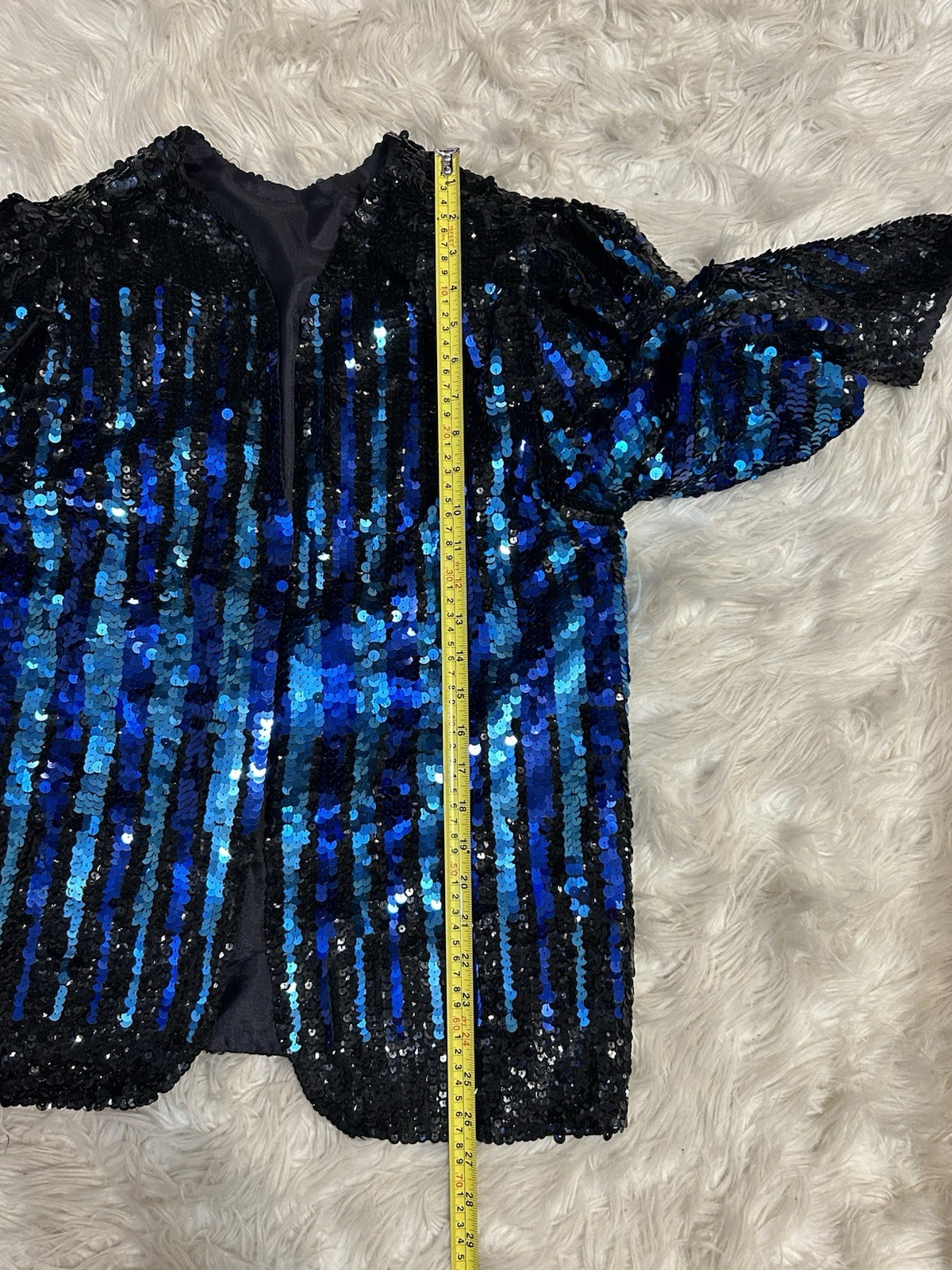 Vtg Multicolor Blue Sequin Open Jacket Shiny Disco Glam Rock Statement Formal