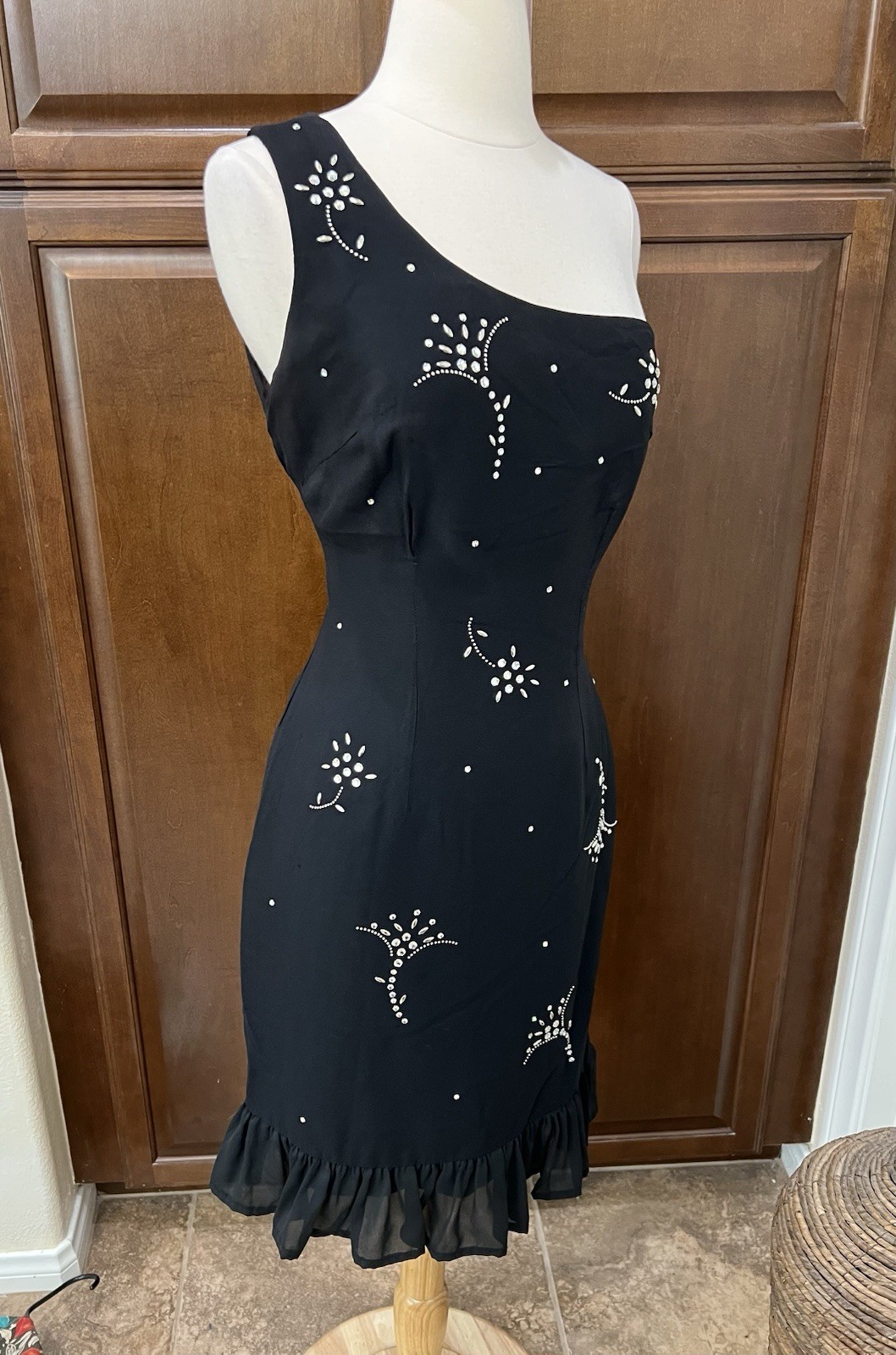 1950’s Lilli Diamond Black Cocktail Dress Rhinestones One Shoulder Ruffled Hem