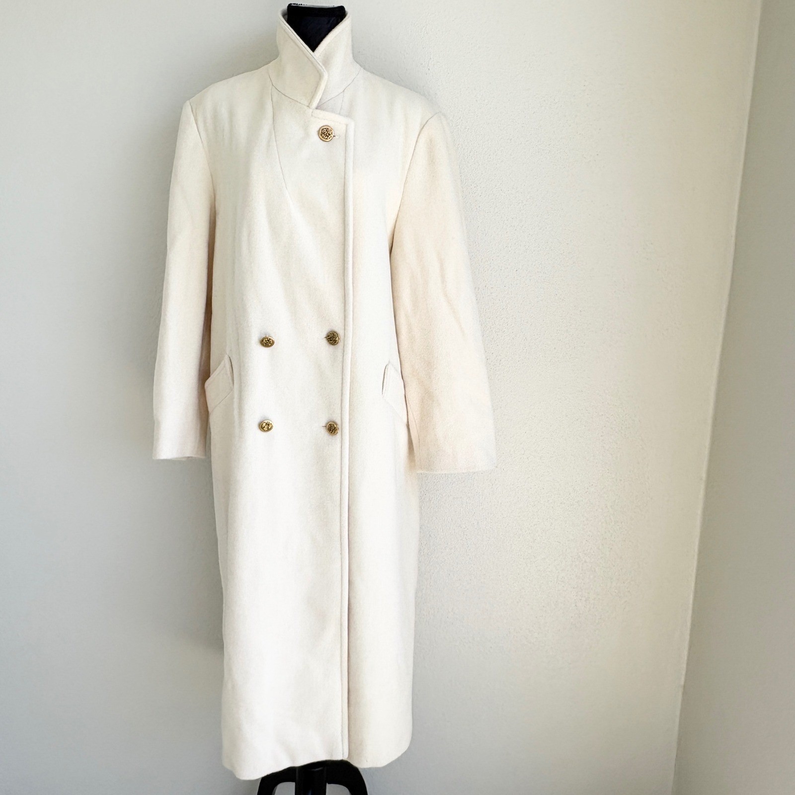 Herman Kay Long Wool Blend Coat Double Breasted Vintage Womens Cream Oversized