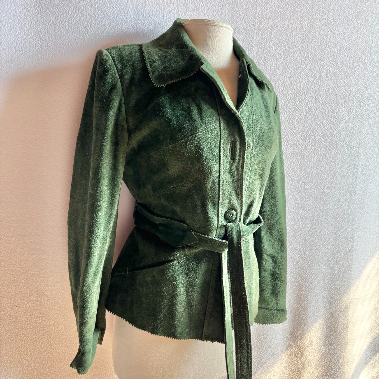 Vintage 1970s Green Suede Belted Jacket The Tannery 36 Bust