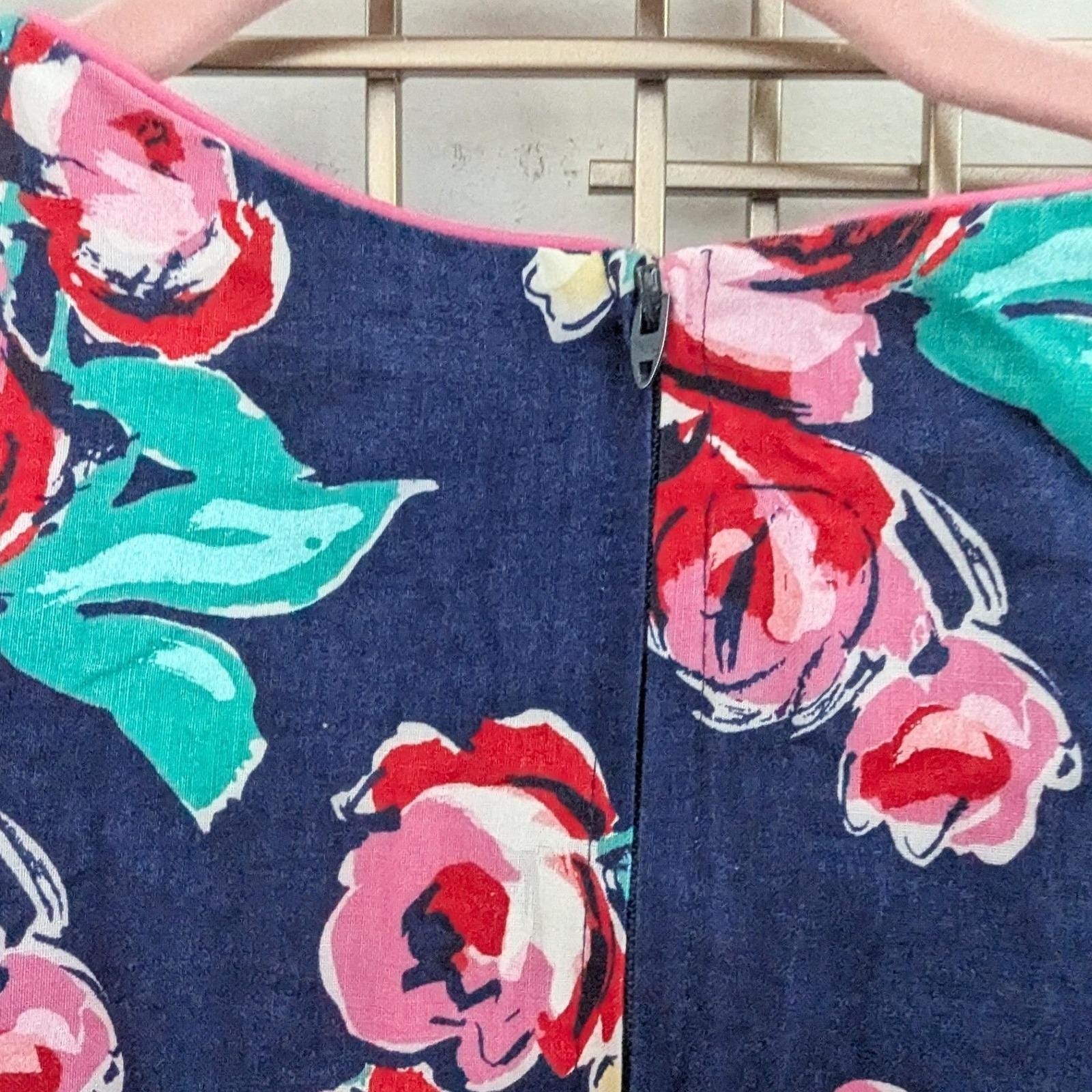 Vtg 80s Midi Dress Navy Pink Floral Drop Waist Piped Trim Short Sleeve Sz 10