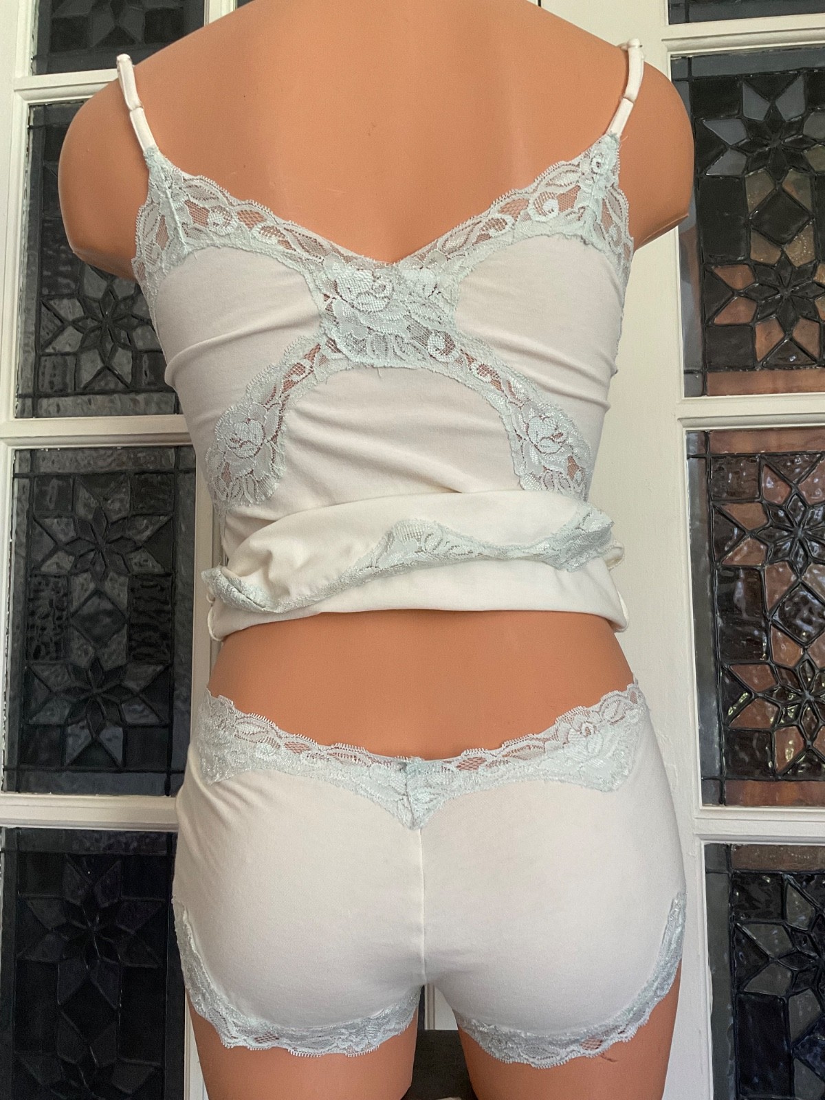 Vintage Pajama Set Cami Top / Boy Shorts Blue Lace Inserts Size Small