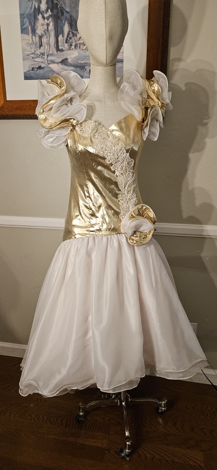 Vintage 1980s Gold Lamè And White Organza Overla Blend High Low Prom Dress As…