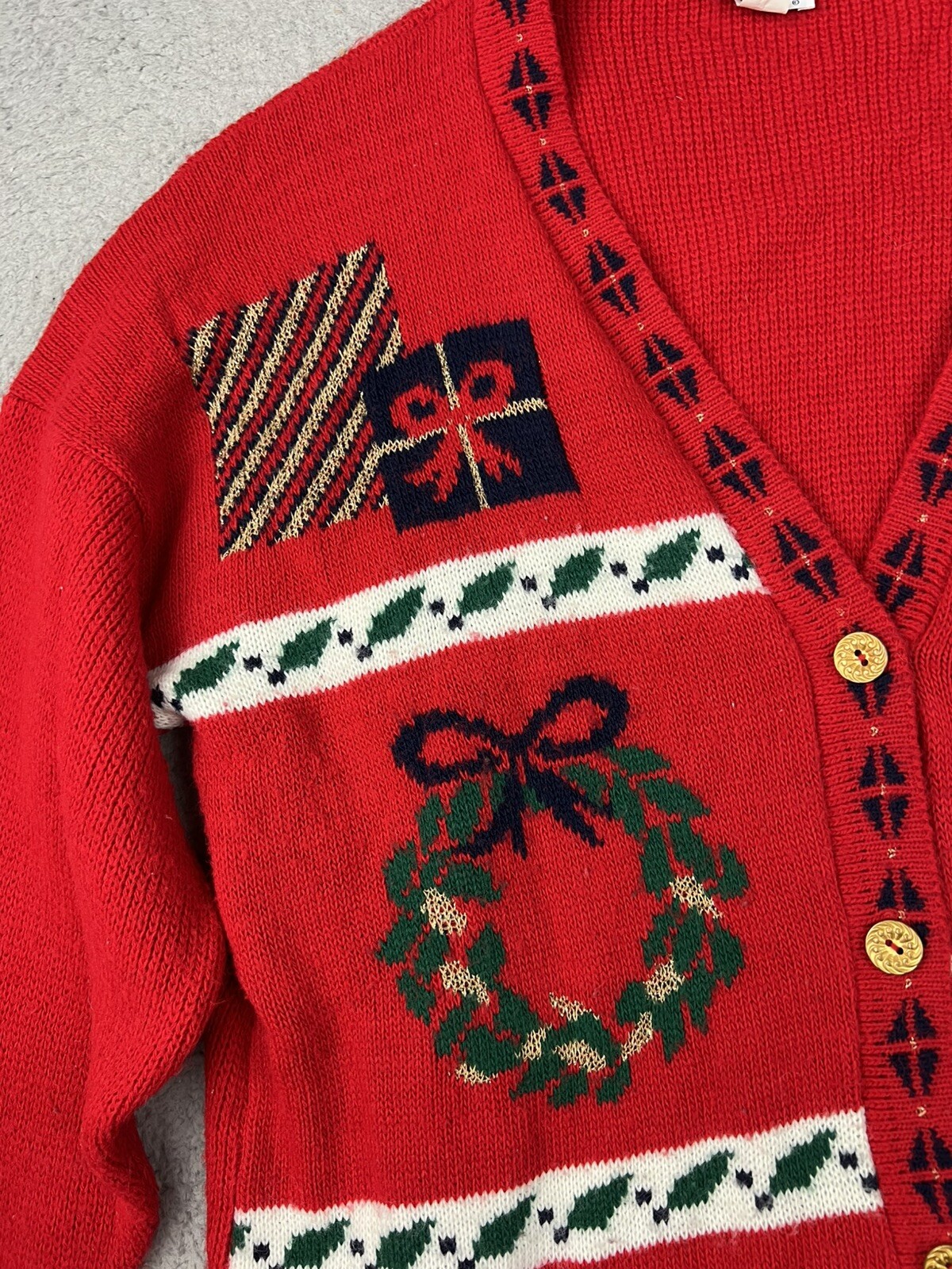 VTG Adele Knitwear Ugly Christmas Sweater Large Bear Tree Bells Present Cardigan